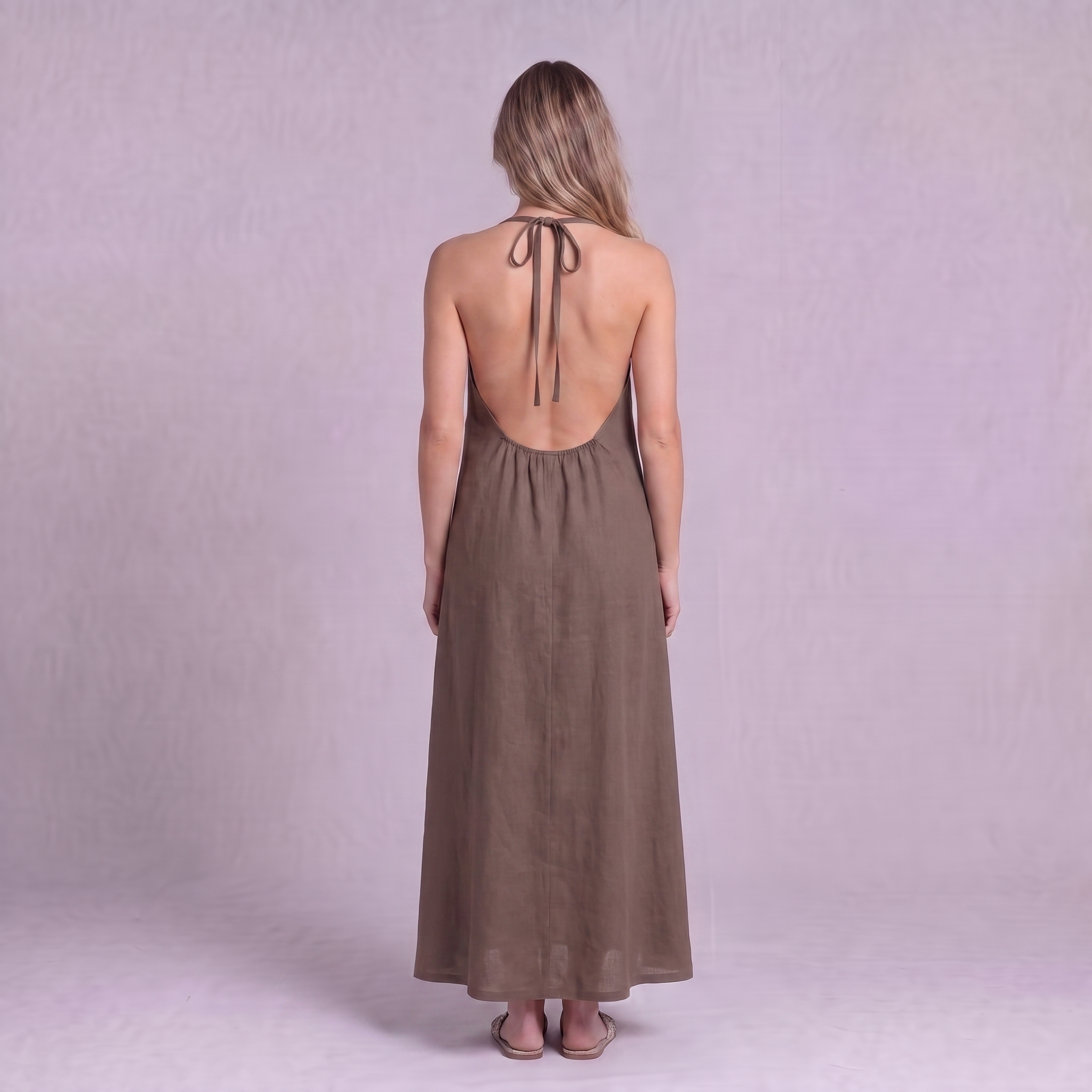 Linen Halter Maxi Dress in Burntwood - OEKO-TEX certified pure linen, back view