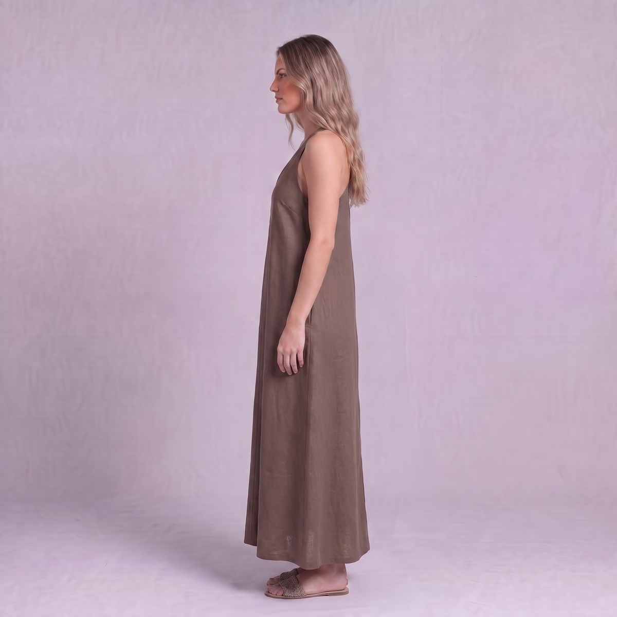 Linen Halter Maxi Dress in Burntwood - OEKO-TEX certified pure linen, side view