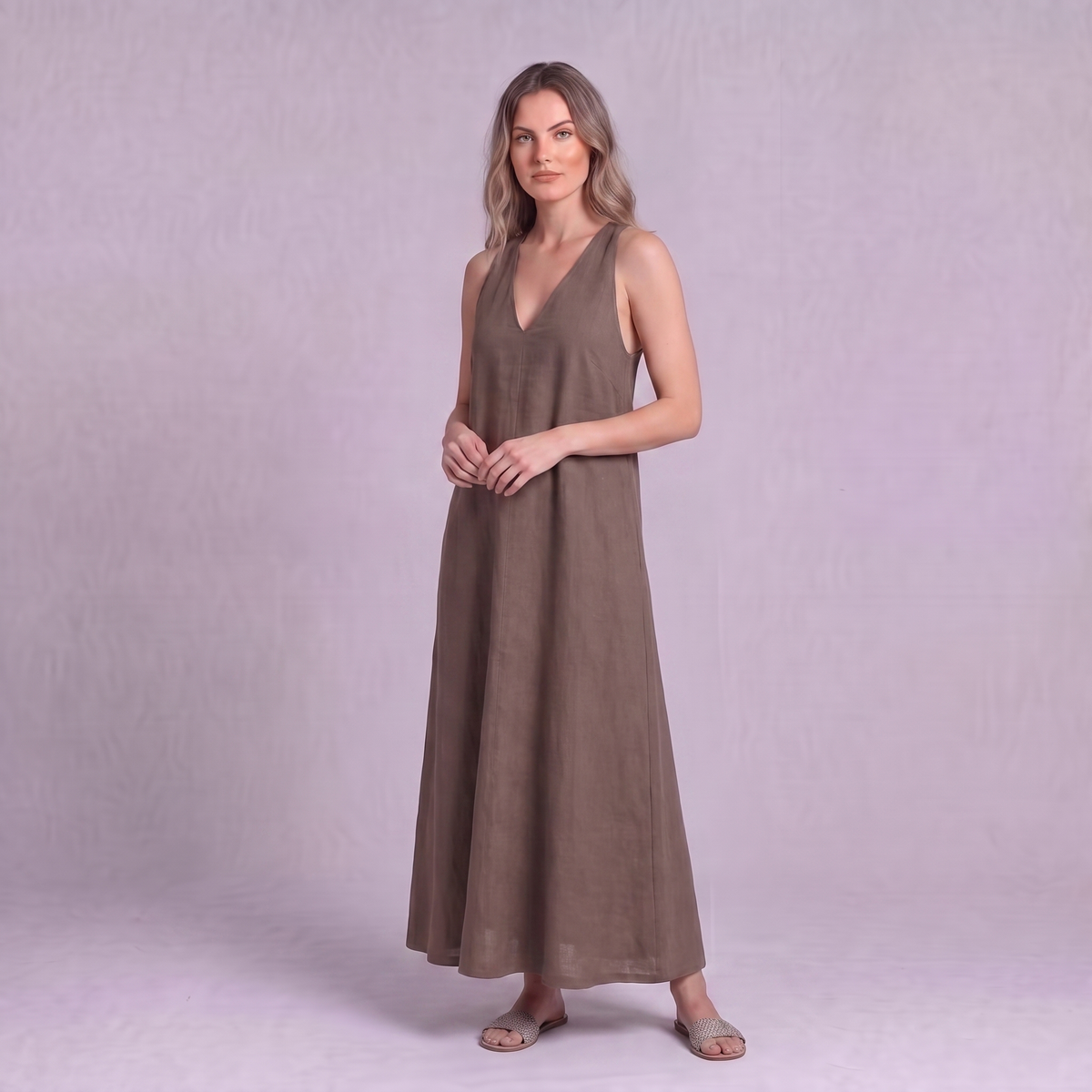 Linen Halter Maxi Dress in Burntwood - OEKO-TEX certified pure linen, front view