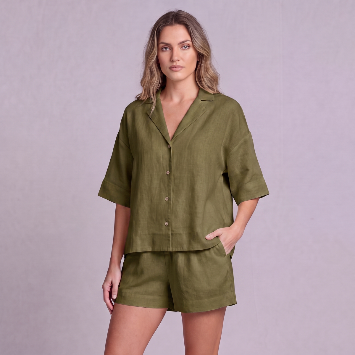 Linen Resort Co-ord Set in Moss Green - OEKO-TEX certified pure linen