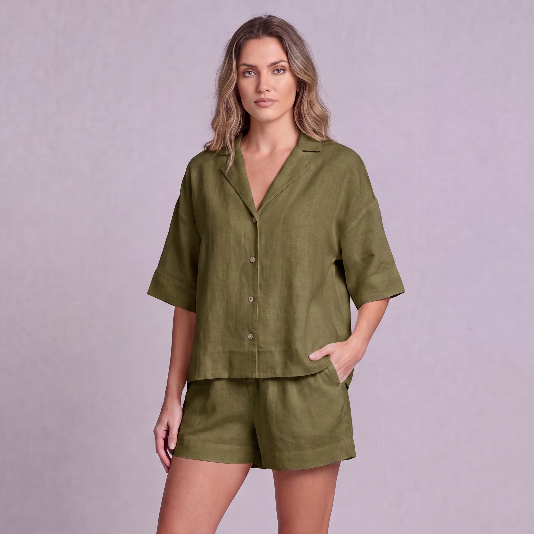 Linen Resort Co-ord Set in Moss Green - OEKO-TEX certified pure linen