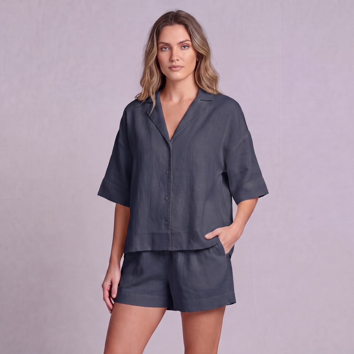 Linen Resort Co-ord Set in Navy Blue - OEKO-TEX certified pure linen