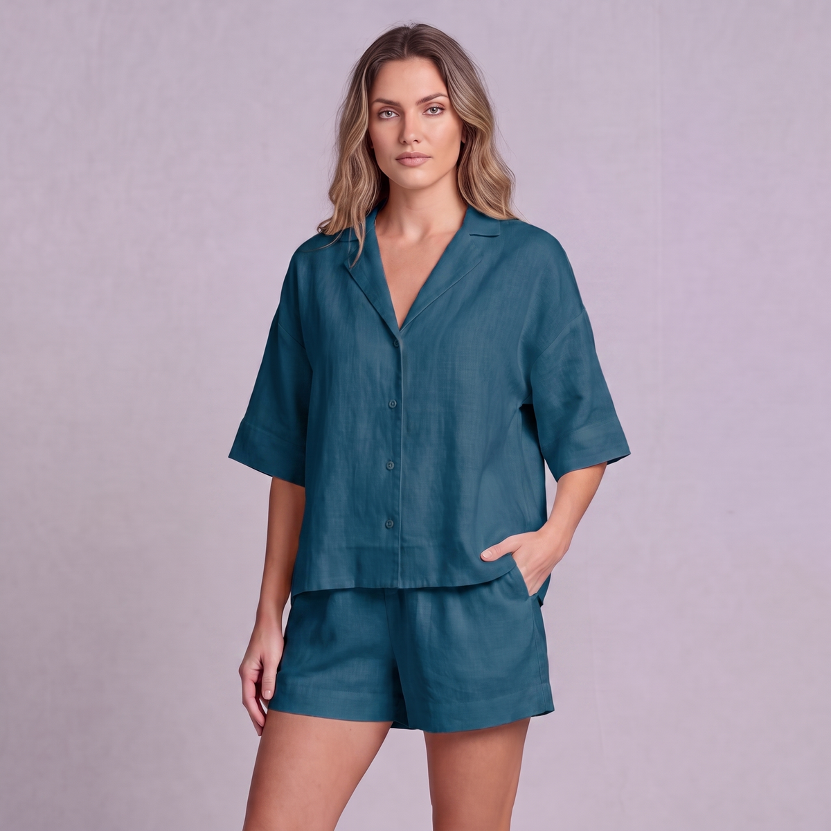 Linen Resort Co-ord Set in Blue Teal - OEKO-TEX certified pure linen