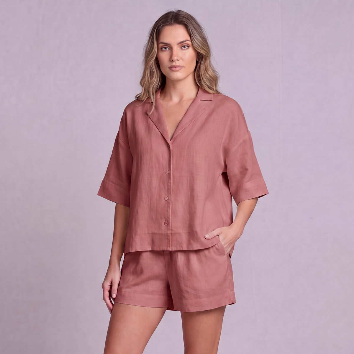 Linen Resort Co-ord Set in Dusty Rose - OEKO-TEX certified pure linen
