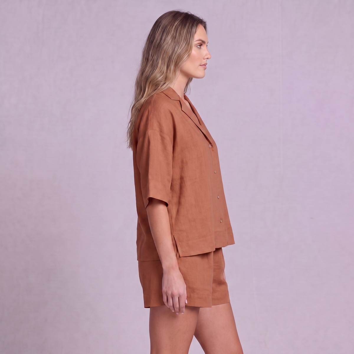 Linen Resort Co-ord Set in Terracotta - OEKO-TEX certified pure linen, side view
