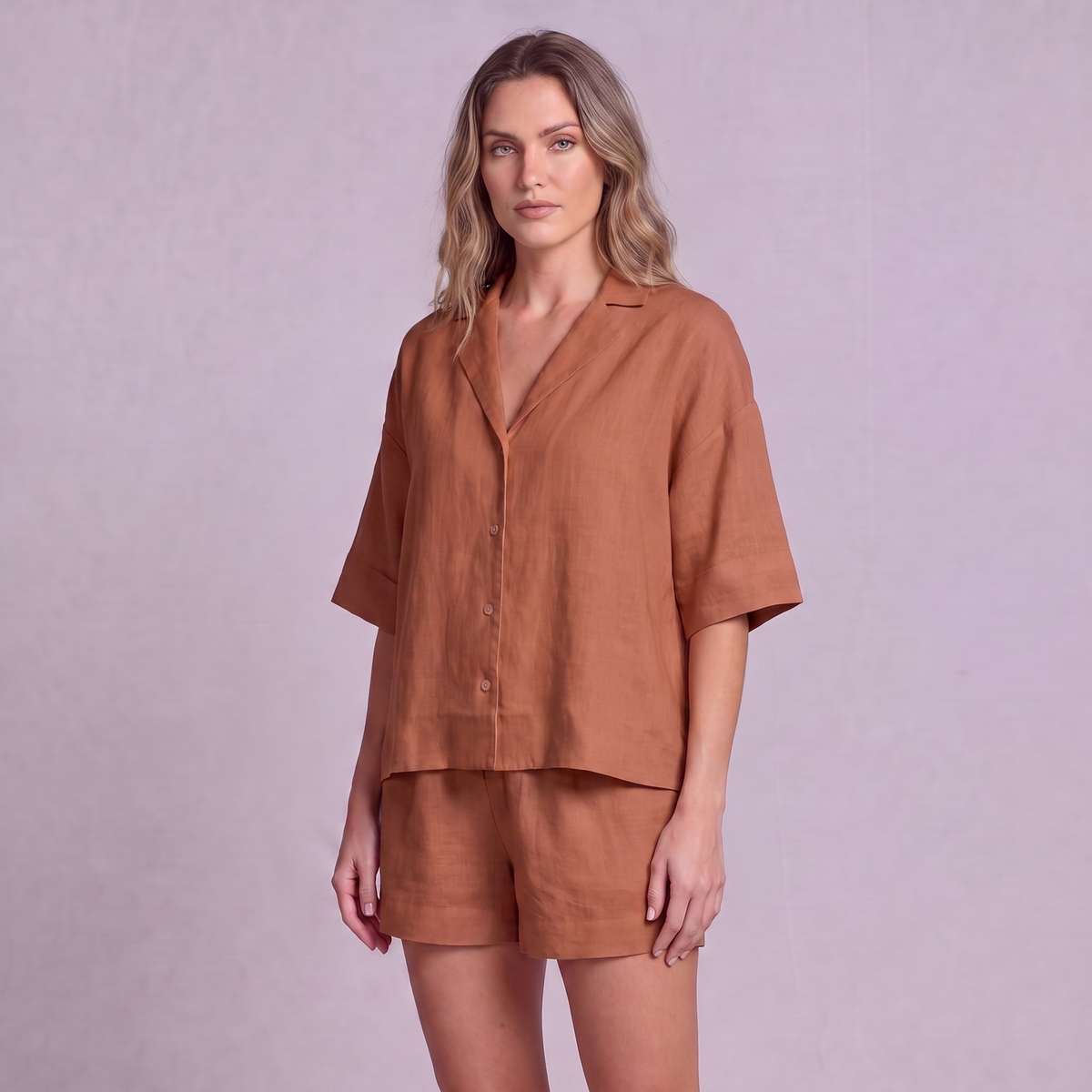 Linen Resort Co-ord Set in Terracotta - OEKO-TEX certified pure linen, front view