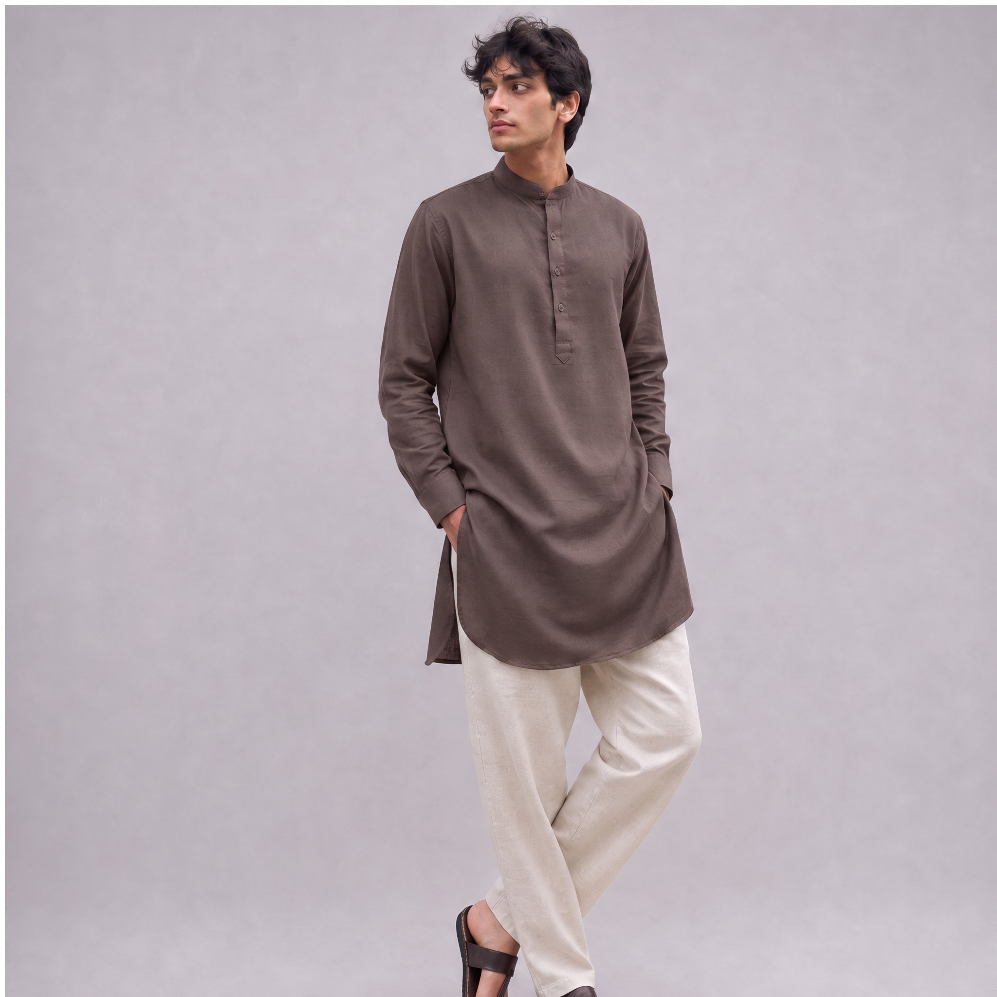 Linen Mandarin Collar Kurta Shirt in Burntwood - OEKO-TEX certified pure linen