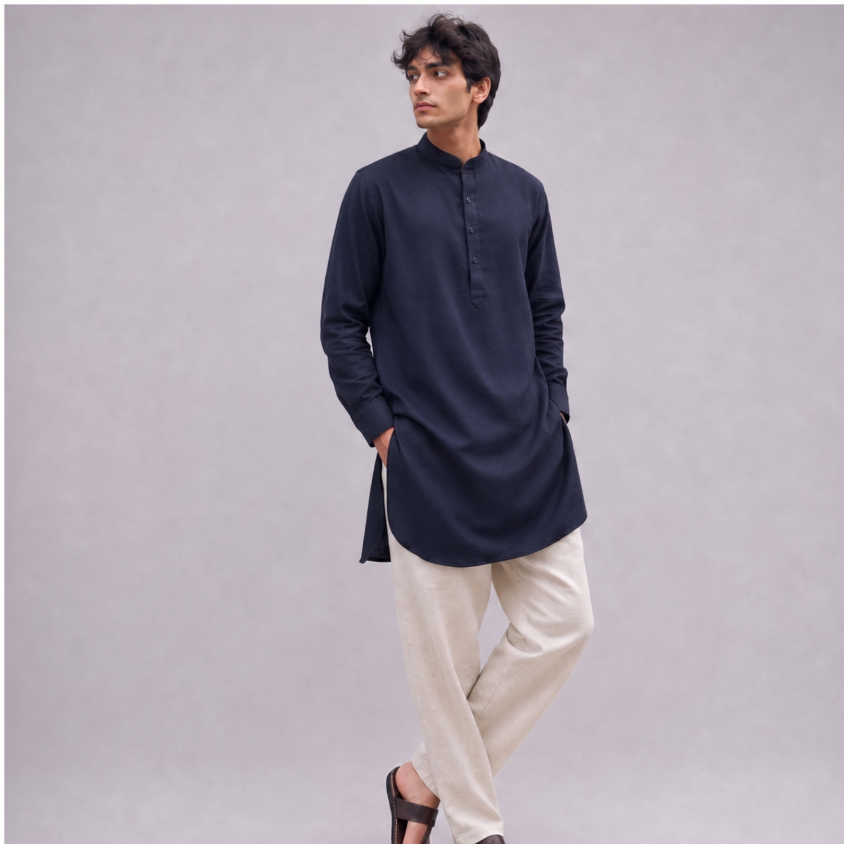 Linen Mandarin Collar Kurta Shirt in Navy Blue - OEKO-TEX certified pure linen