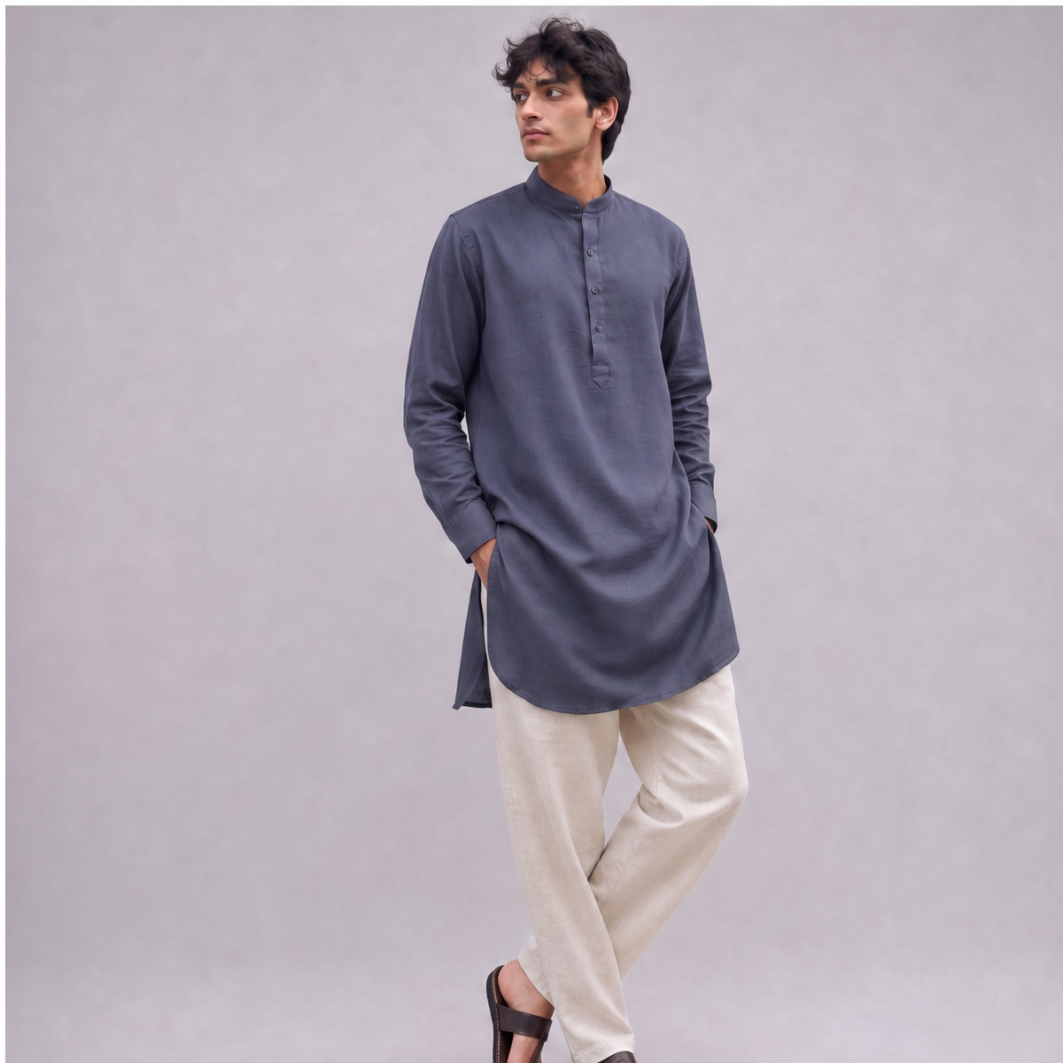Linen Mandarin Collar Kurta Shirt in Slate Periwinkle Blue - OEKO-TEX certified pure linen