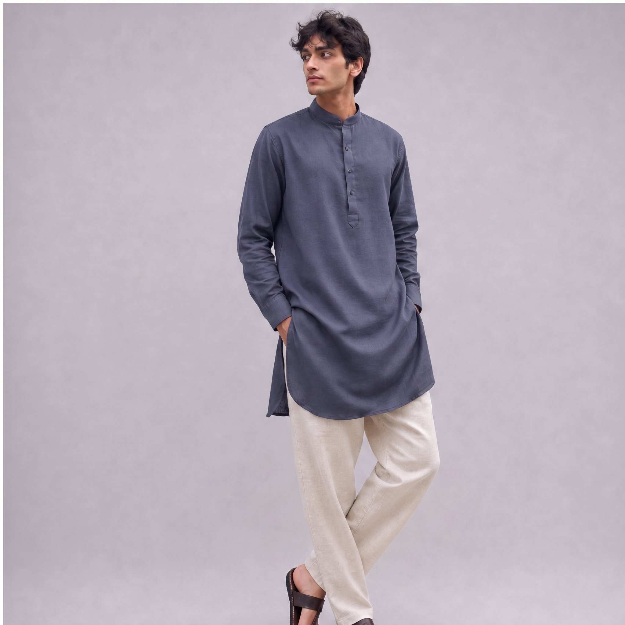 Linen Mandarin Collar Kurta Shirt in Slate Periwinkle Blue - OEKO-TEX certified pure linen