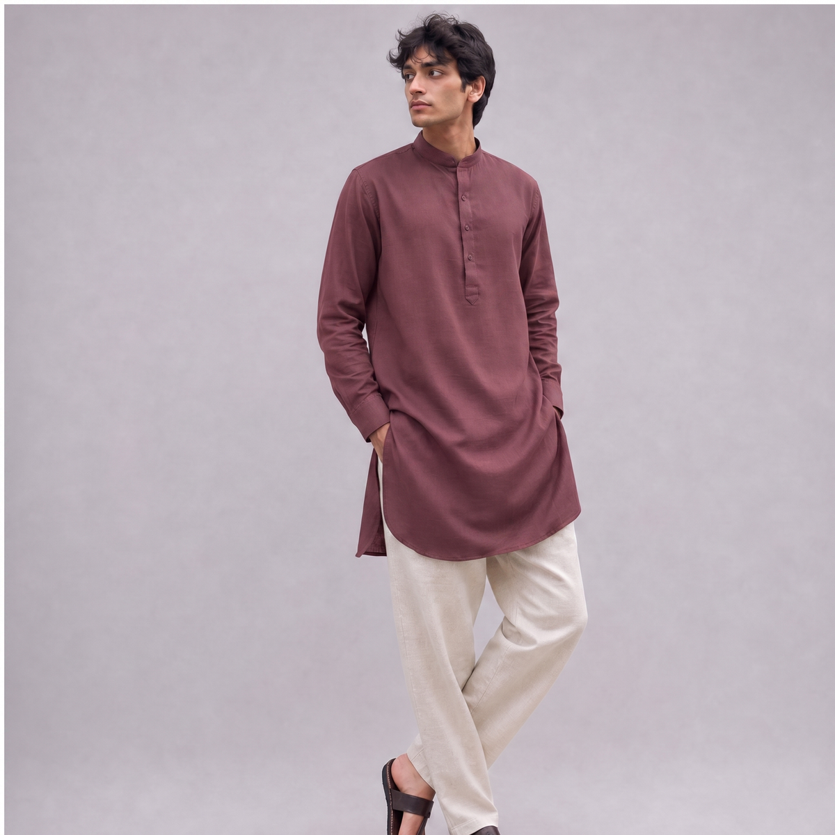 Linen Mandarin Collar Kurta Shirt in Garnet - OEKO-TEX certified pure linen