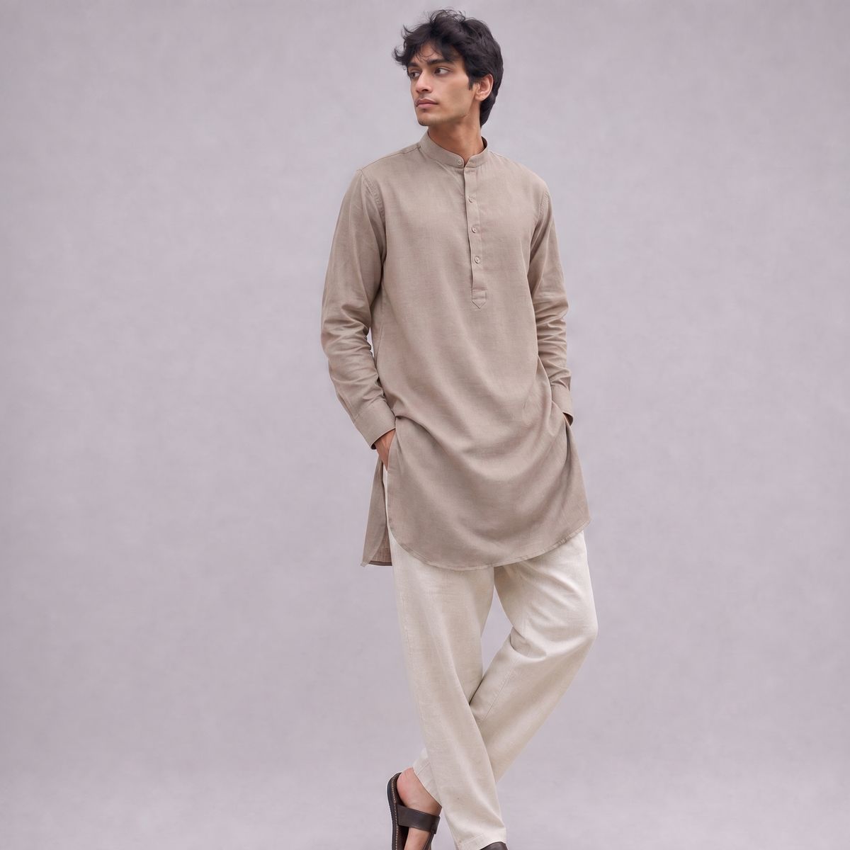 Linen Mandarin Collar Kurta Shirt in Natural - OEKO-TEX certified pure linen