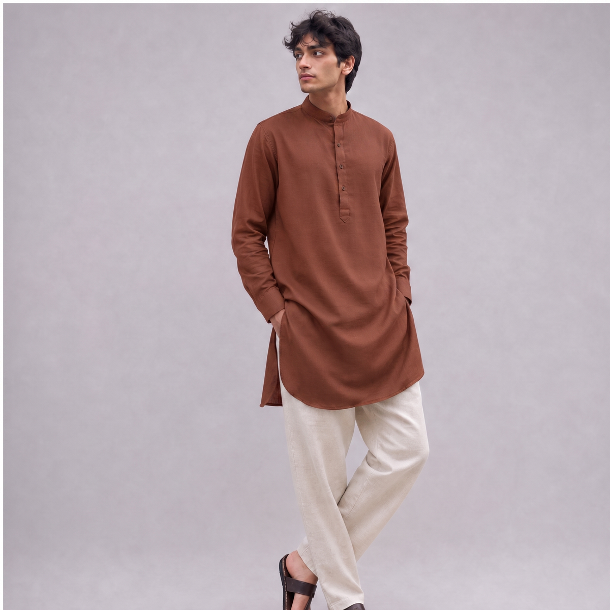 Linen Mandarin Collar Kurta Shirt in Terracotta - OEKO-TEX certified pure linen
