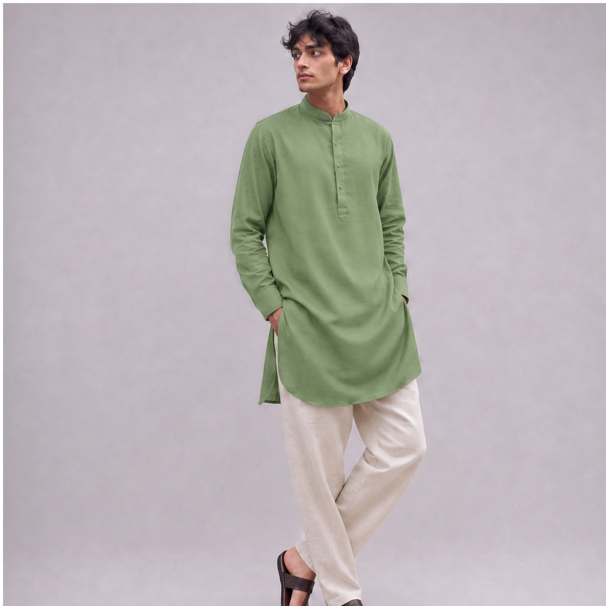 Linen Mandarin Collar Kurta Shirt in Sage Green - OEKO-TEX certified pure linen