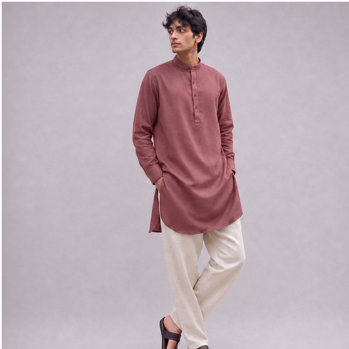 Linen Mandarin Collar Kurta Shirt in Dusty Rose - OEKO-TEX certified pure linen
