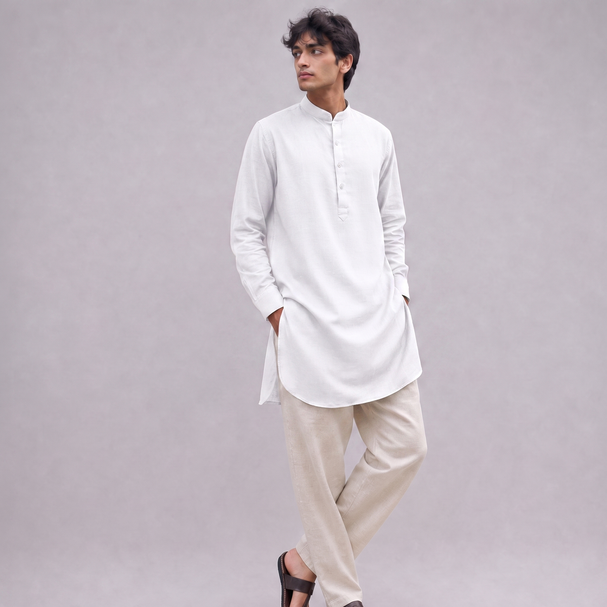 Linen Mandarin Collar Kurta Shirt in White - OEKO-TEX certified pure linen
