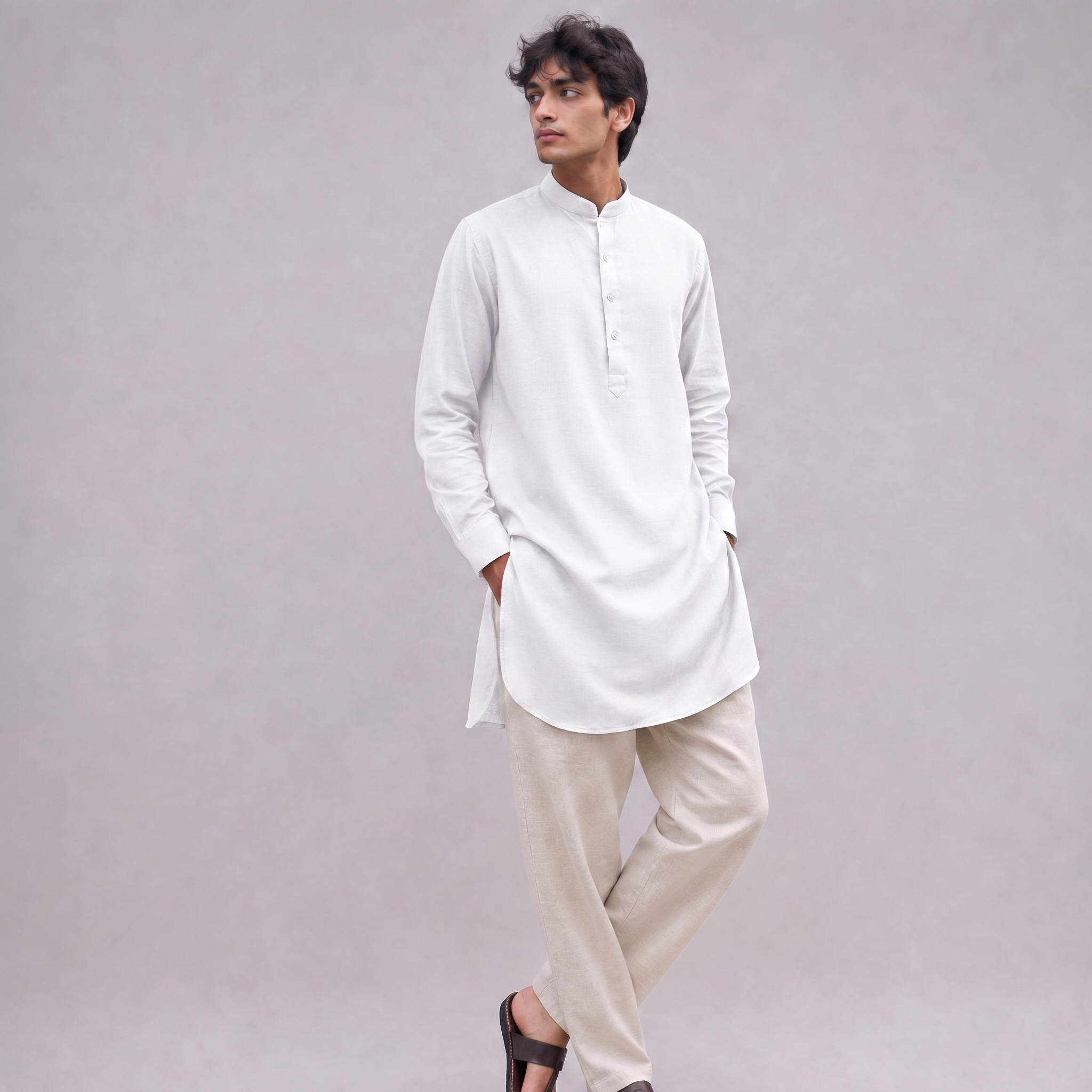 Linen Mandarin Collar Kurta Shirt in White - OEKO-TEX certified pure linen