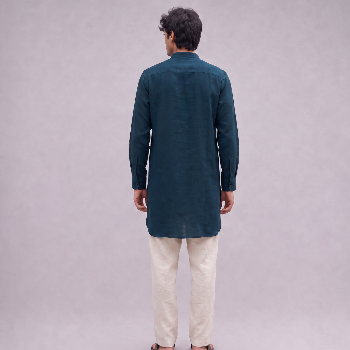 Linen Mandarin Collar Kurta Shirt in Blue Teal - OEKO-TEX certified pure linen, back view