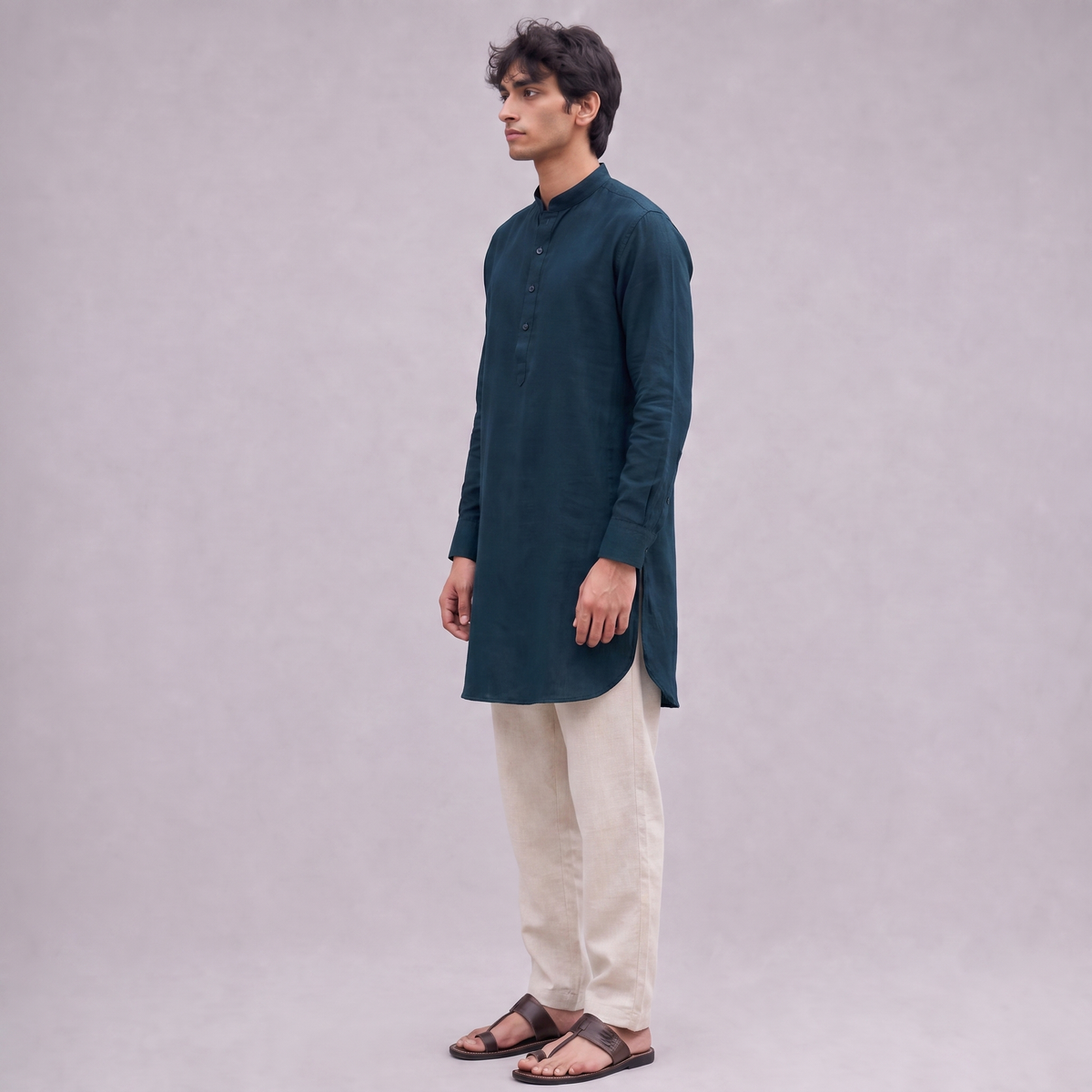 Linen Mandarin Collar Kurta Shirt in Blue Teal - OEKO-TEX certified pure linen, side view