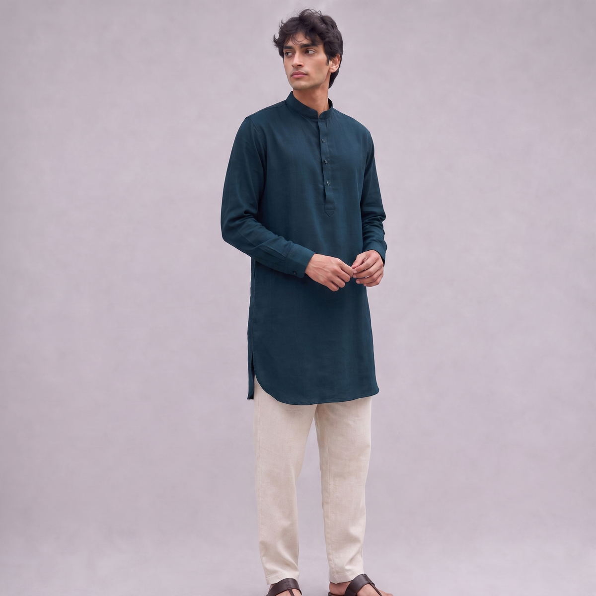 Linen Mandarin Collar Kurta Shirt in Blue Teal - OEKO-TEX certified pure linen, front view