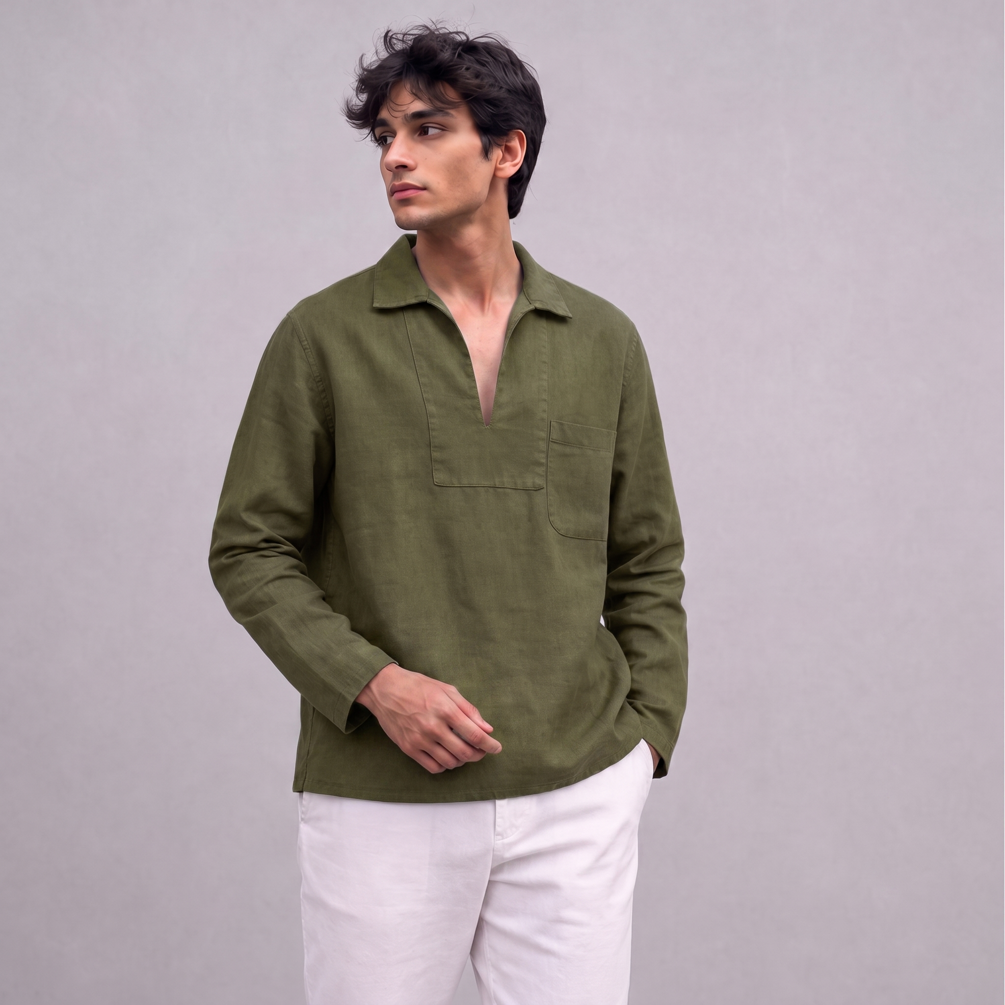 Linen Pullover Shirt in Moss Green - OEKO-TEX certified pure linen