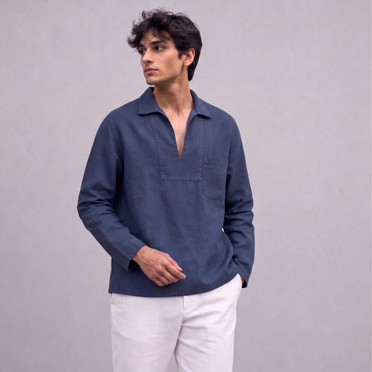 Linen Pullover Shirt in Navy Blue - OEKO-TEX certified pure linen
