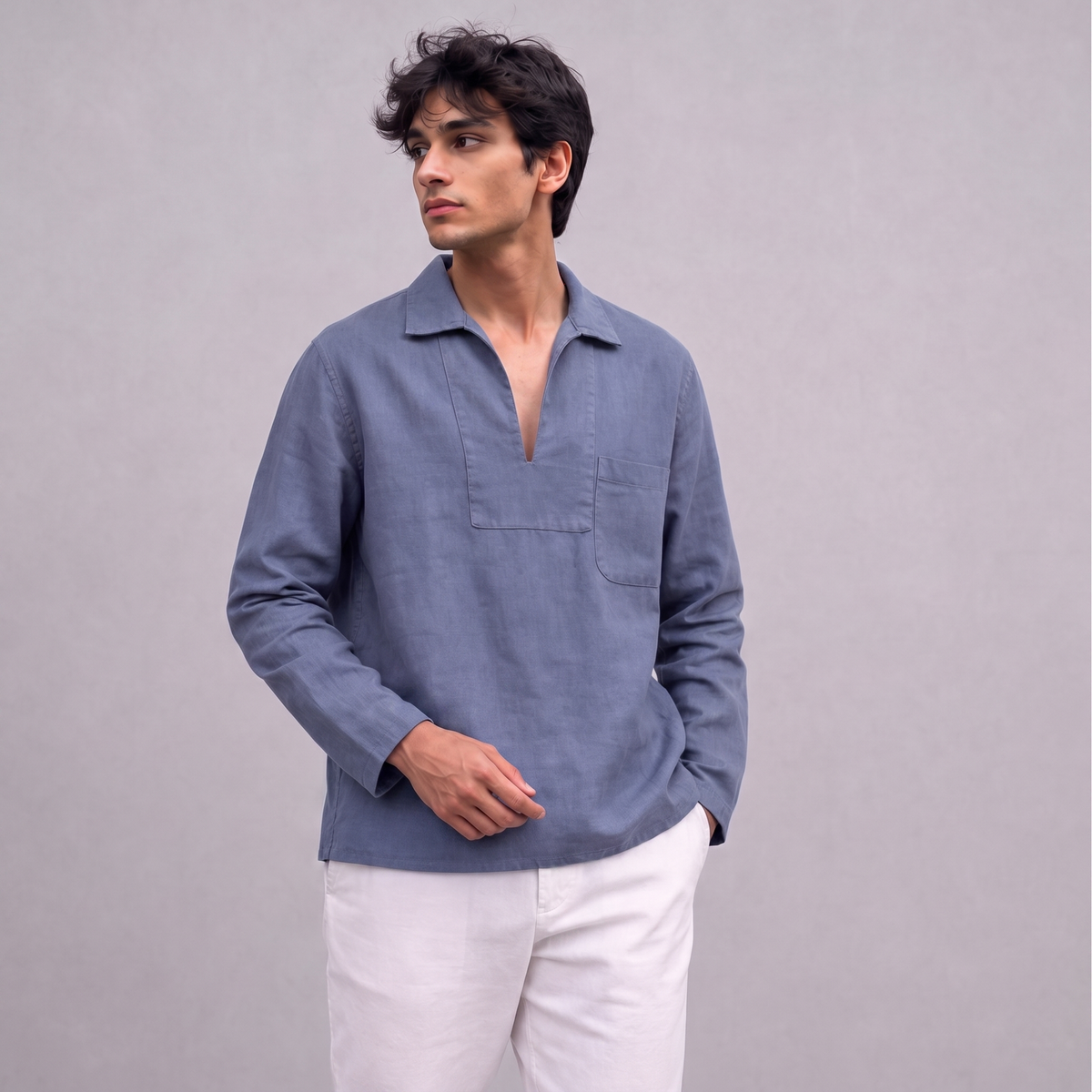 Linen Pullover Shirt in Slate Periwinkle Blue - OEKO-TEX certified pure linen