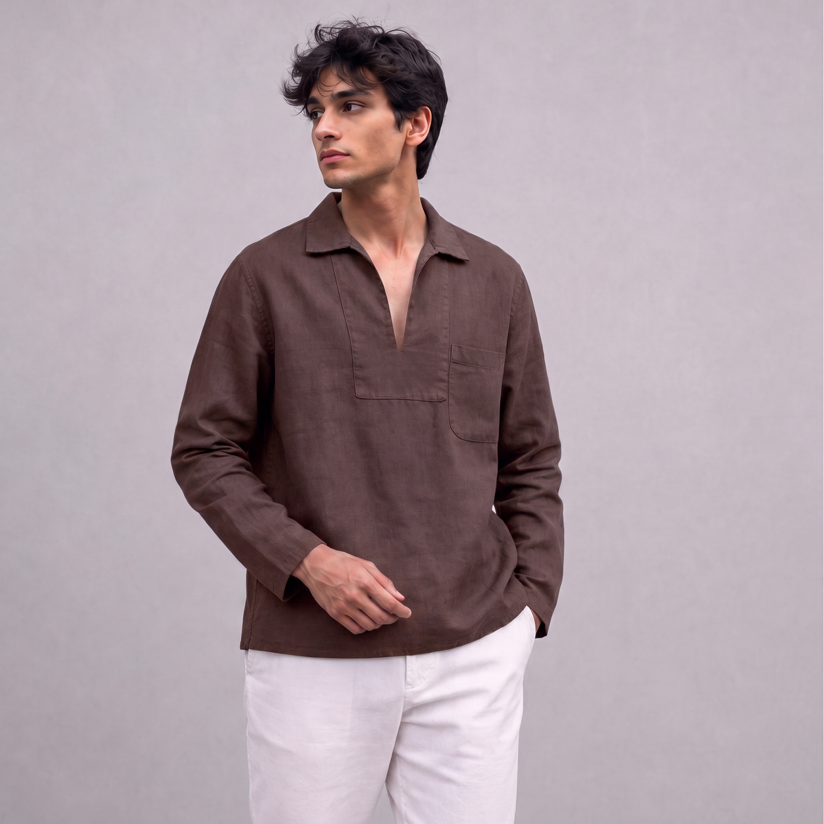 Linen Pullover Shirt in Chocolate Brown - OEKO-TEX certified pure linen
