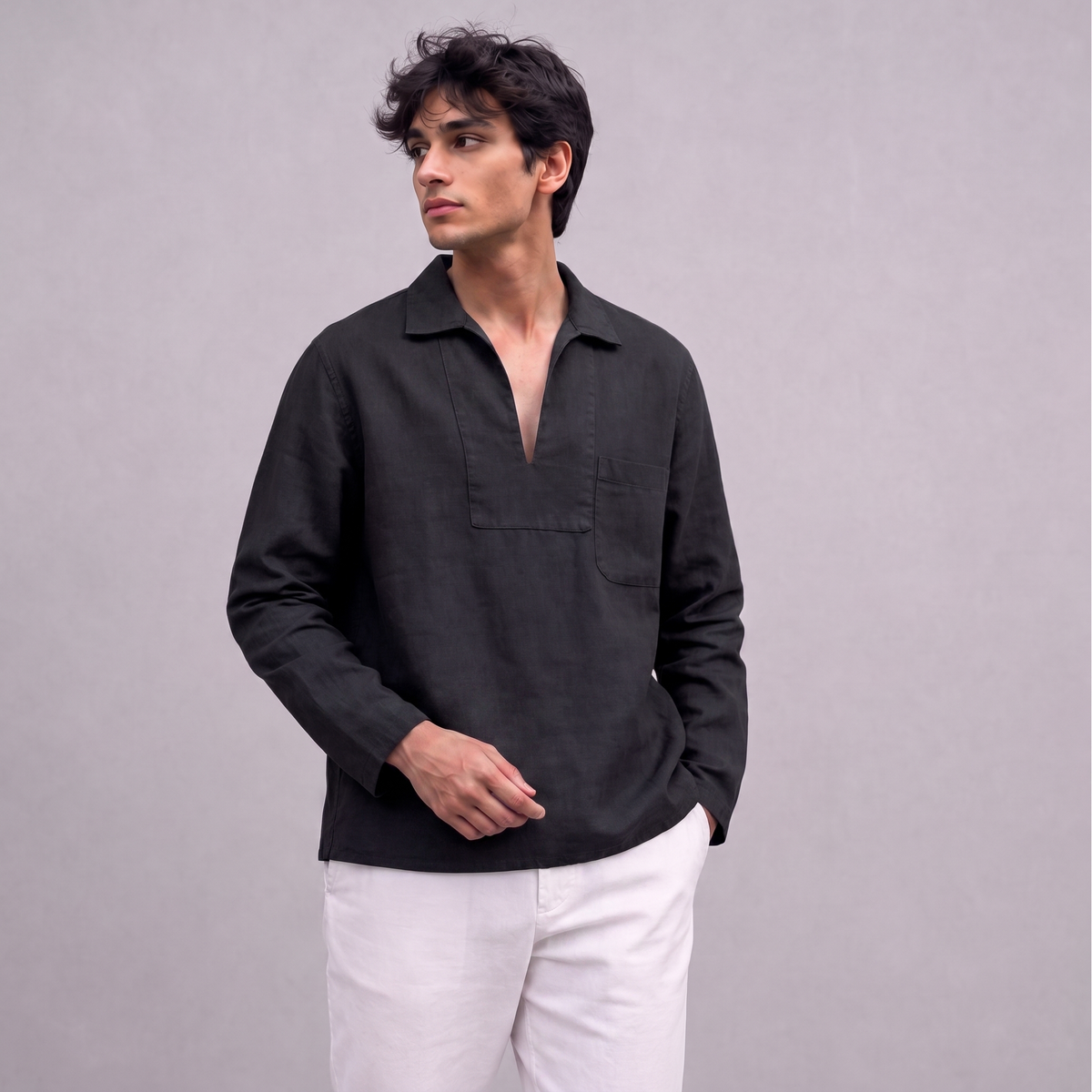 Linen Pullover Shirt in Black - OEKO-TEX certified pure linen