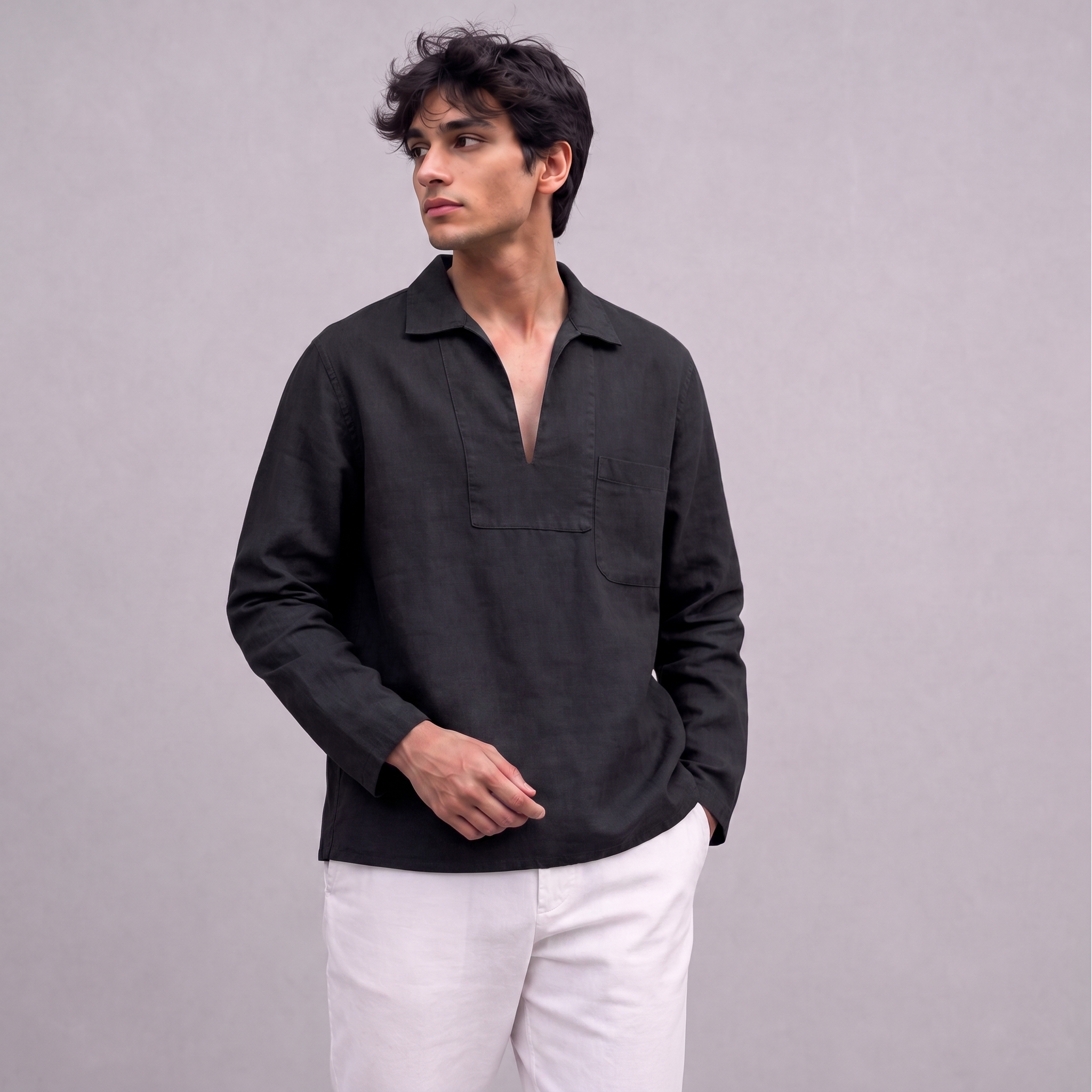 Linen Pullover Shirt in Black - OEKO-TEX certified pure linen