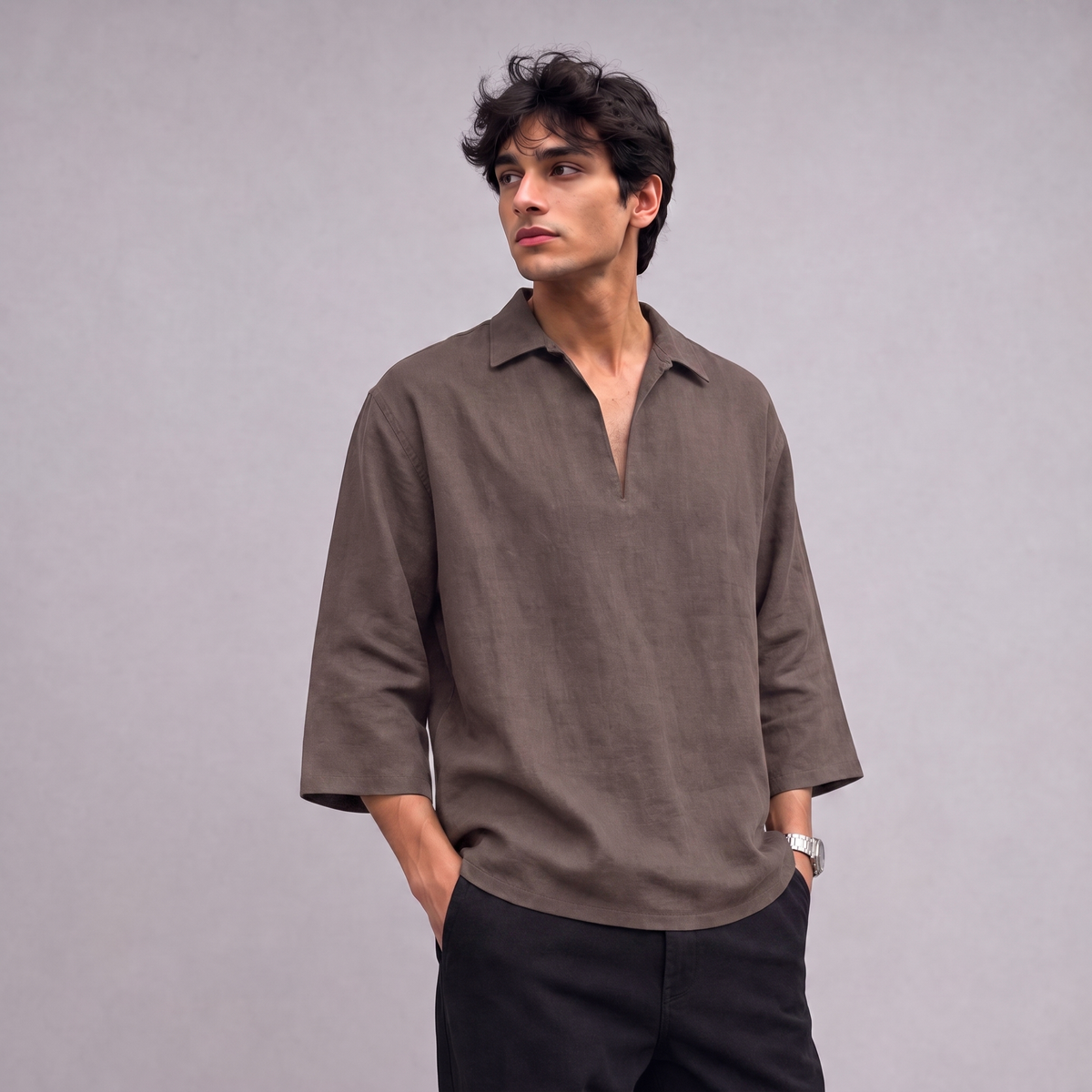 Linen Pullover Shirt in three quarter sleeve in Burntwood - OEKO-TEX certified pure linen