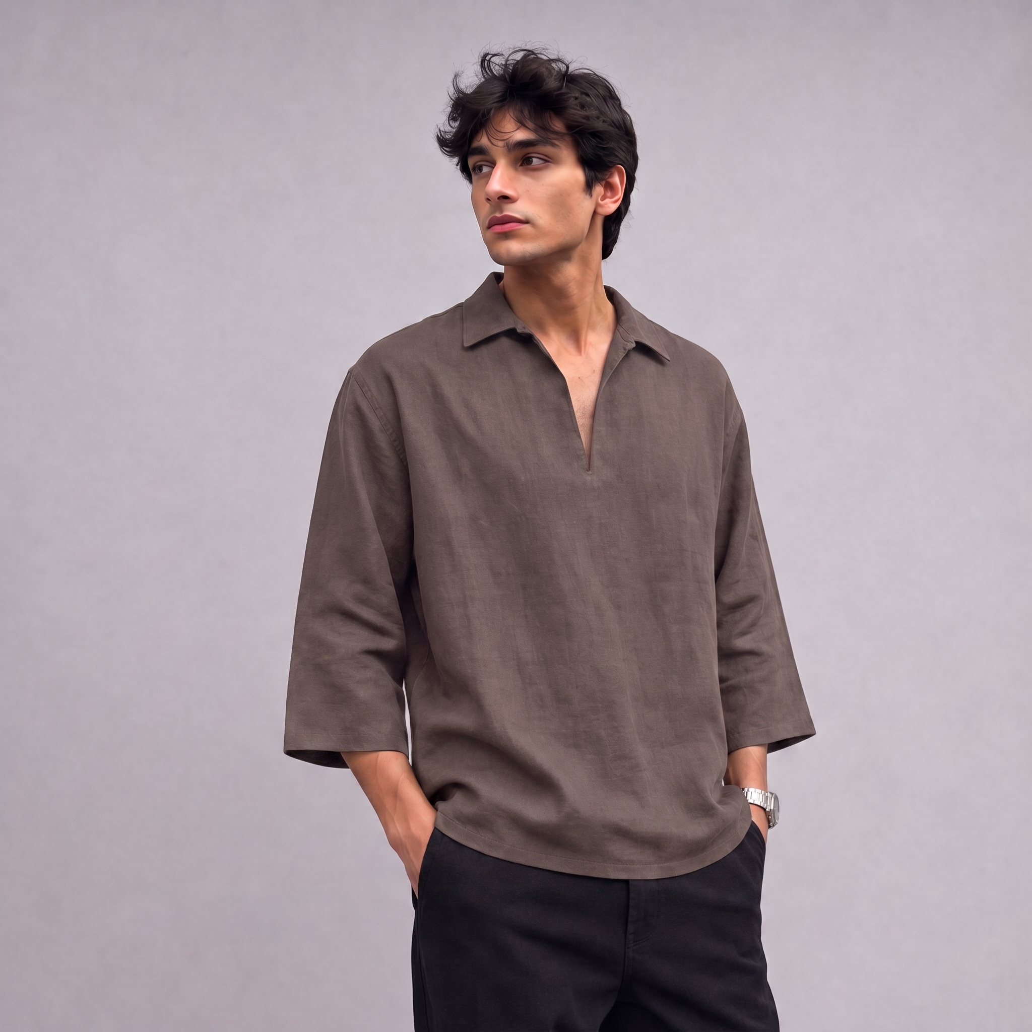 Linen Pullover Shirt in three quarter sleeve in Burntwood - OEKO-TEX certified pure linen
