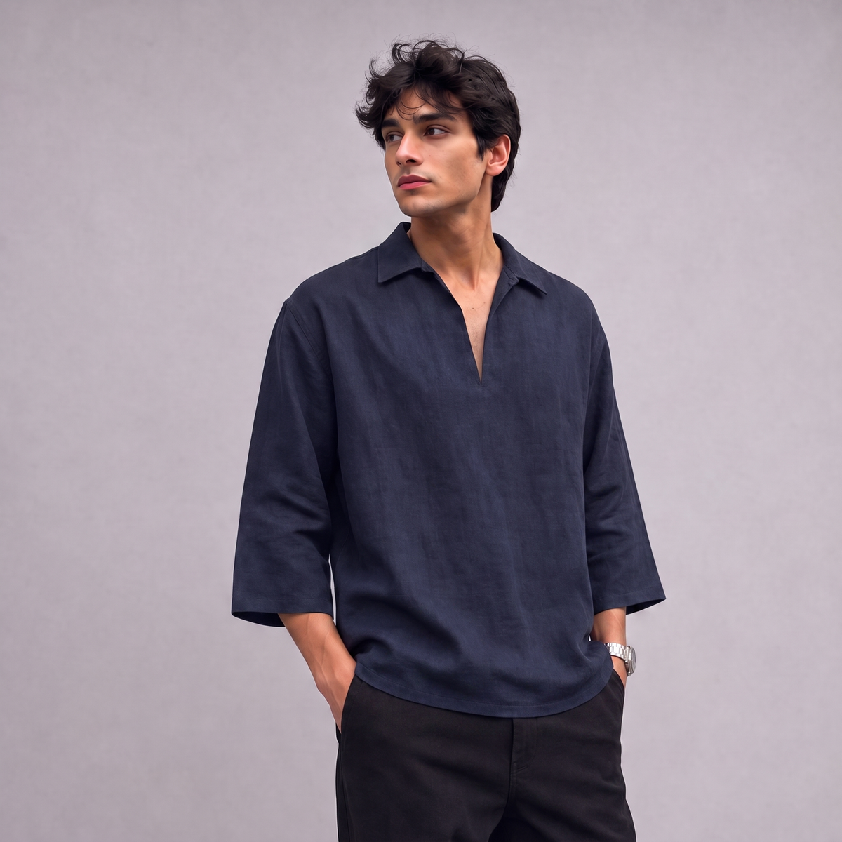 Linen Pullover Shirt in three quarter sleeve in Navy Blue - OEKO-TEX certified pure linen