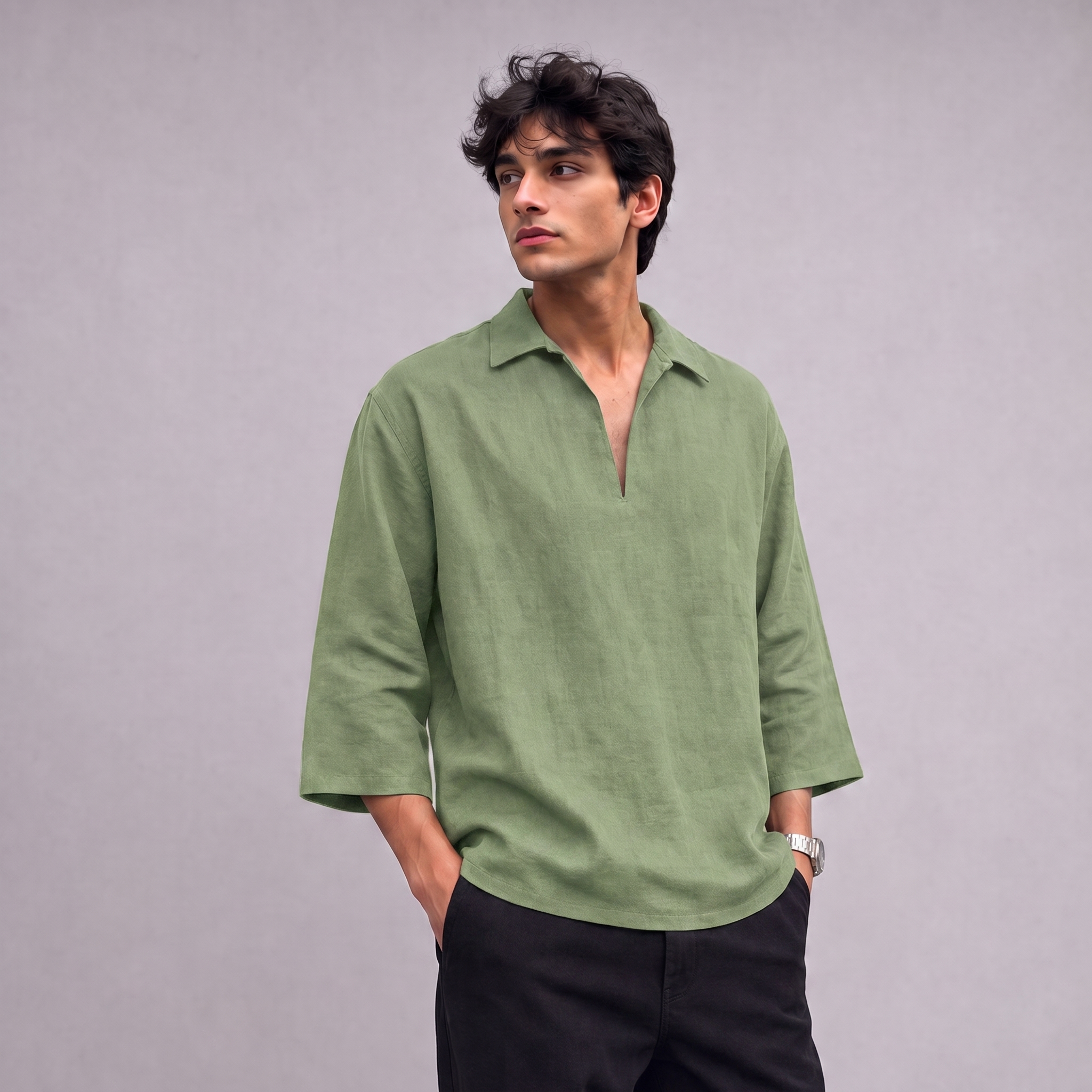 Linen Pullover Shirt in three quarter sleeve in Sage Green - OEKO-TEX certified pure linen