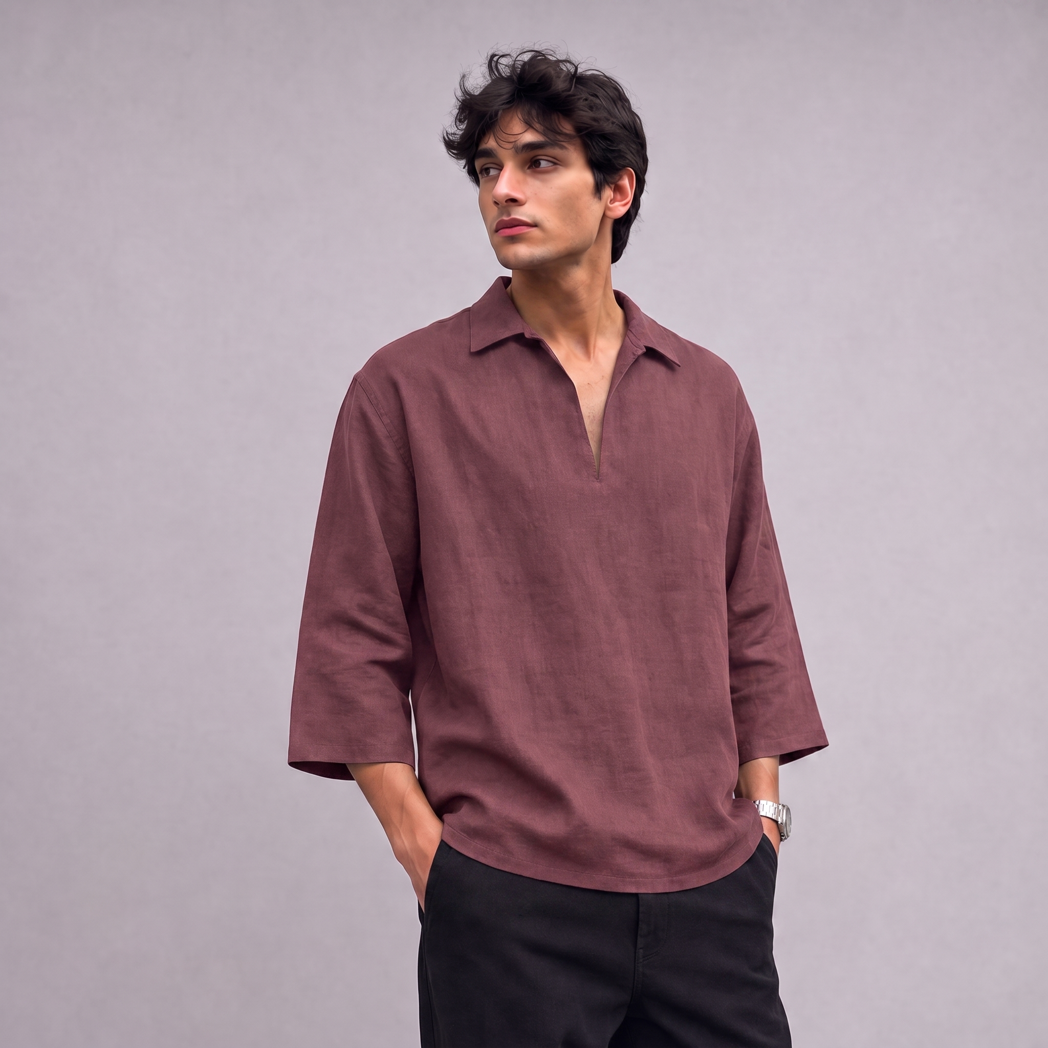 Linen Pullover Shirt in three quarter sleeve in Garnet - OEKO-TEX certified pure linen
