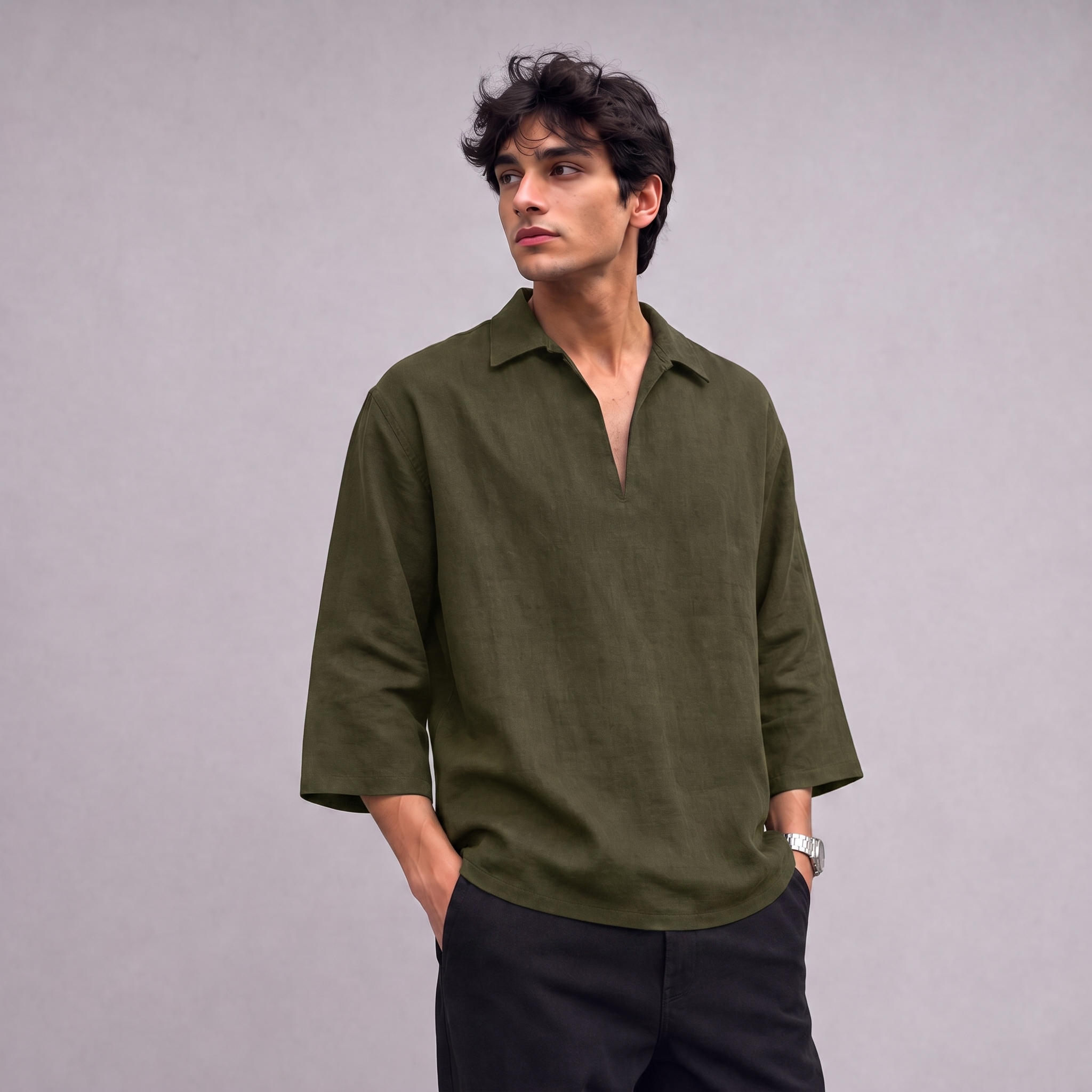 Linen Pullover Shirt in three quarter sleeve in Moss Green - OEKO-TEX certified pure linen
