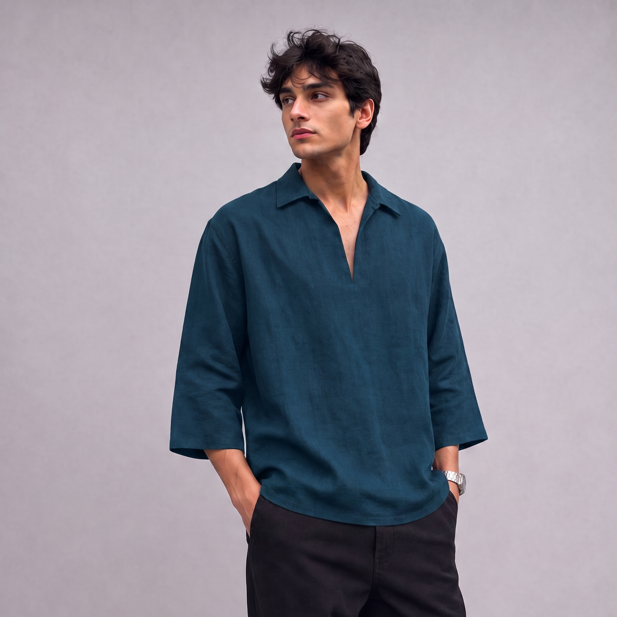 Linen Pullover Shirt in three quarter sleeve in Blue Teal - OEKO-TEX certified pure linen