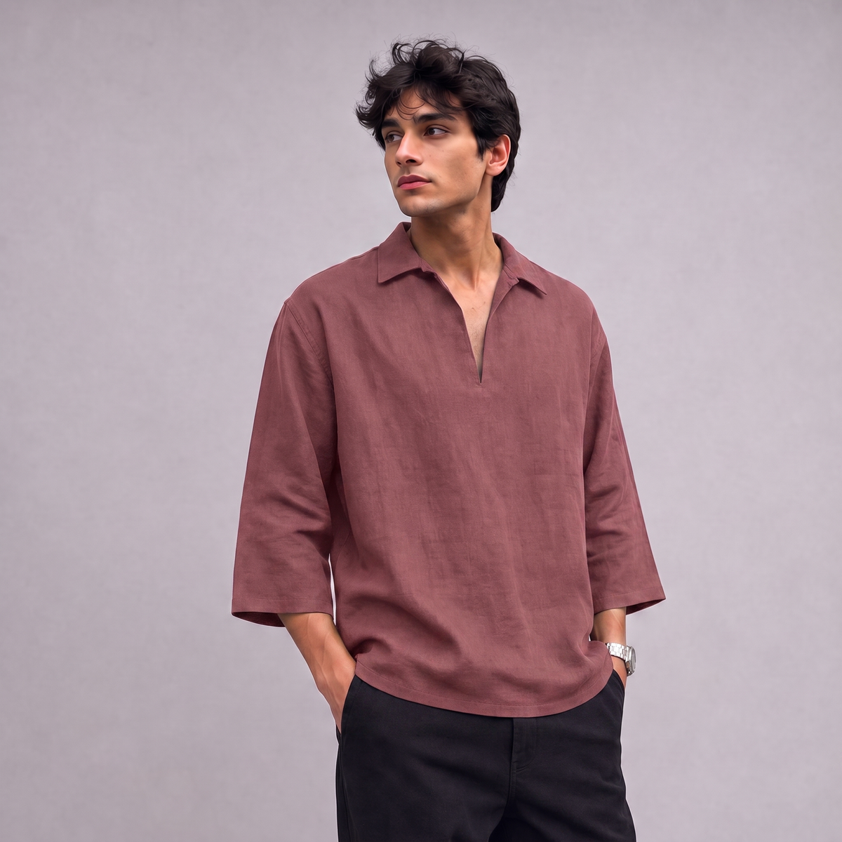 Linen Pullover Shirt in three quarter sleeve in Dusty Rose - OEKO-TEX certified pure linen