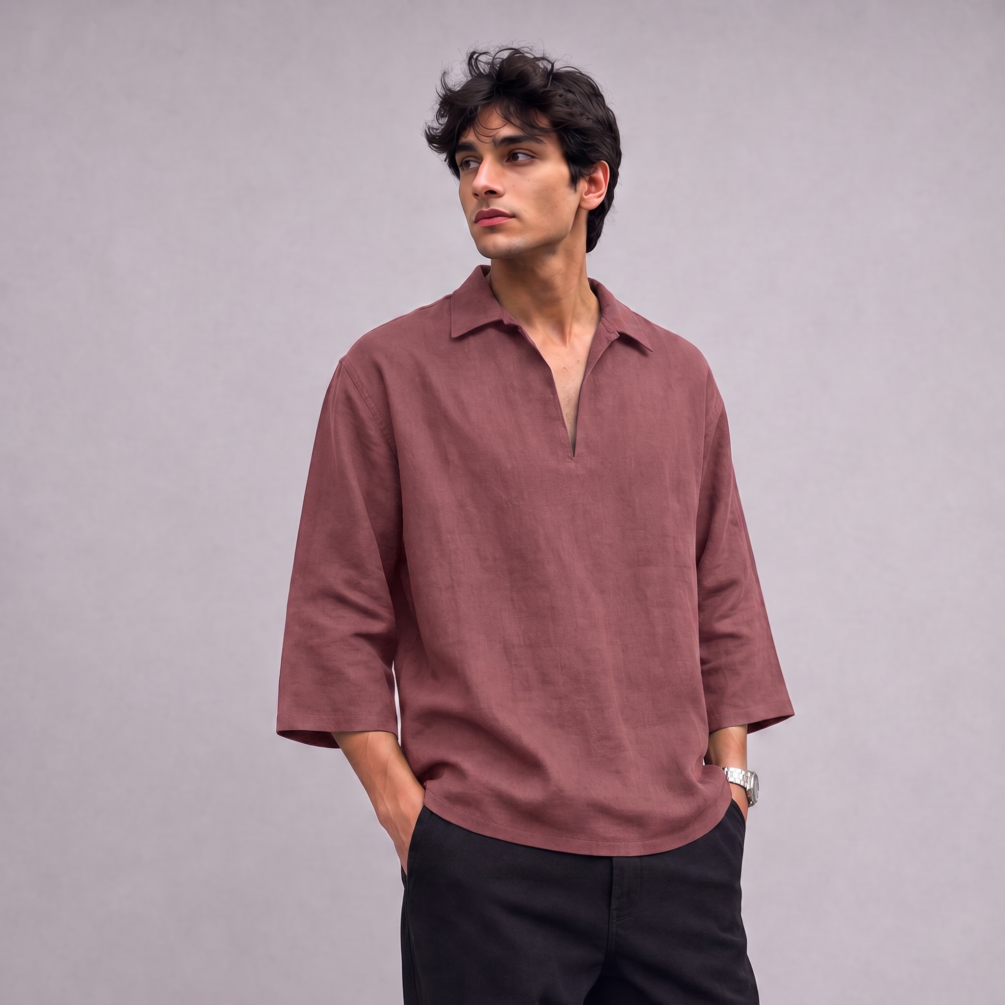 Linen Pullover Shirt in three quarter sleeve in Dusty Rose - OEKO-TEX certified pure linen