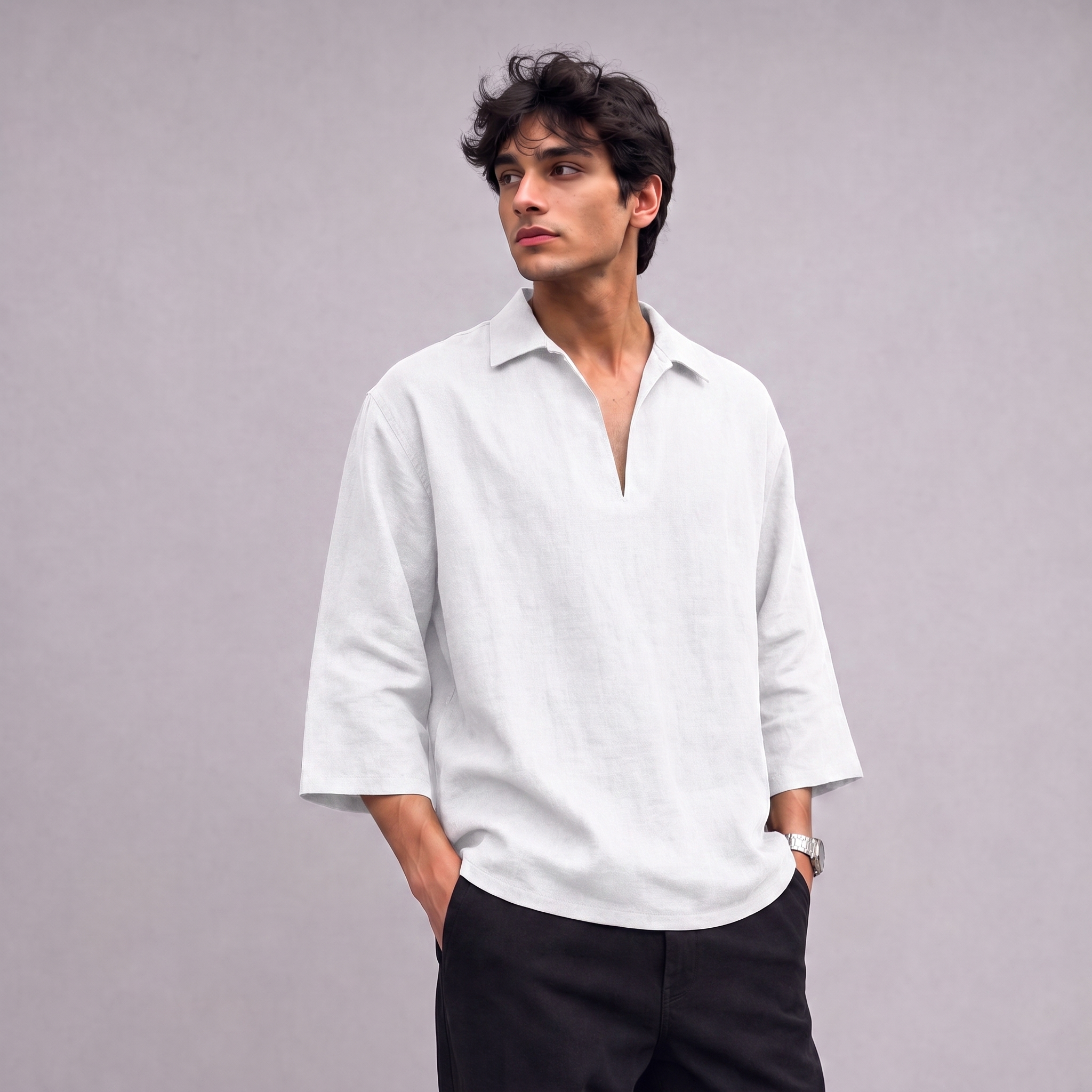 Linen Pullover Shirt in three quarter sleeve in White - OEKO-TEX certified pure linen