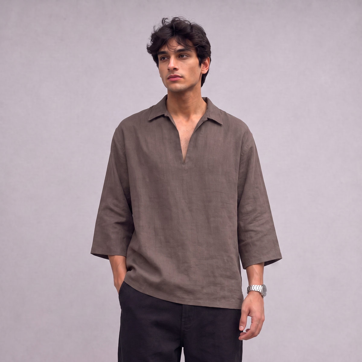 Linen Pullover Shirt in three quarter sleeve in Burntwood - OEKO-TEX certified pure linen, front view