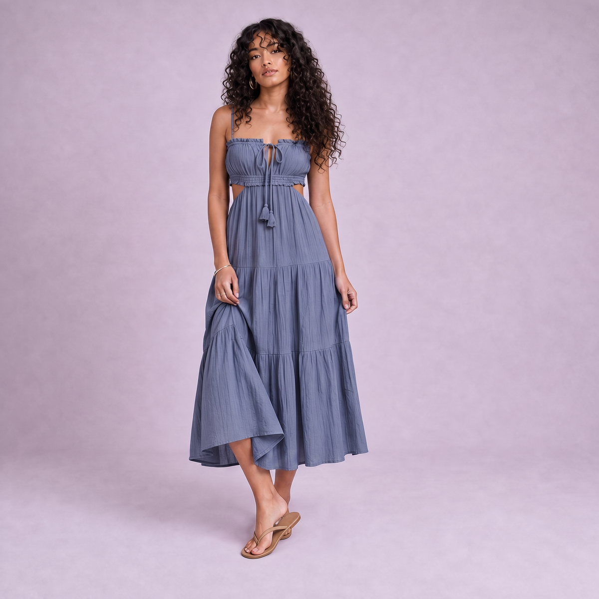 Linen Cut-Out Tiered Maxi Dress in Slate Periwinkle Blue - OEKO-TEX certified pure linen