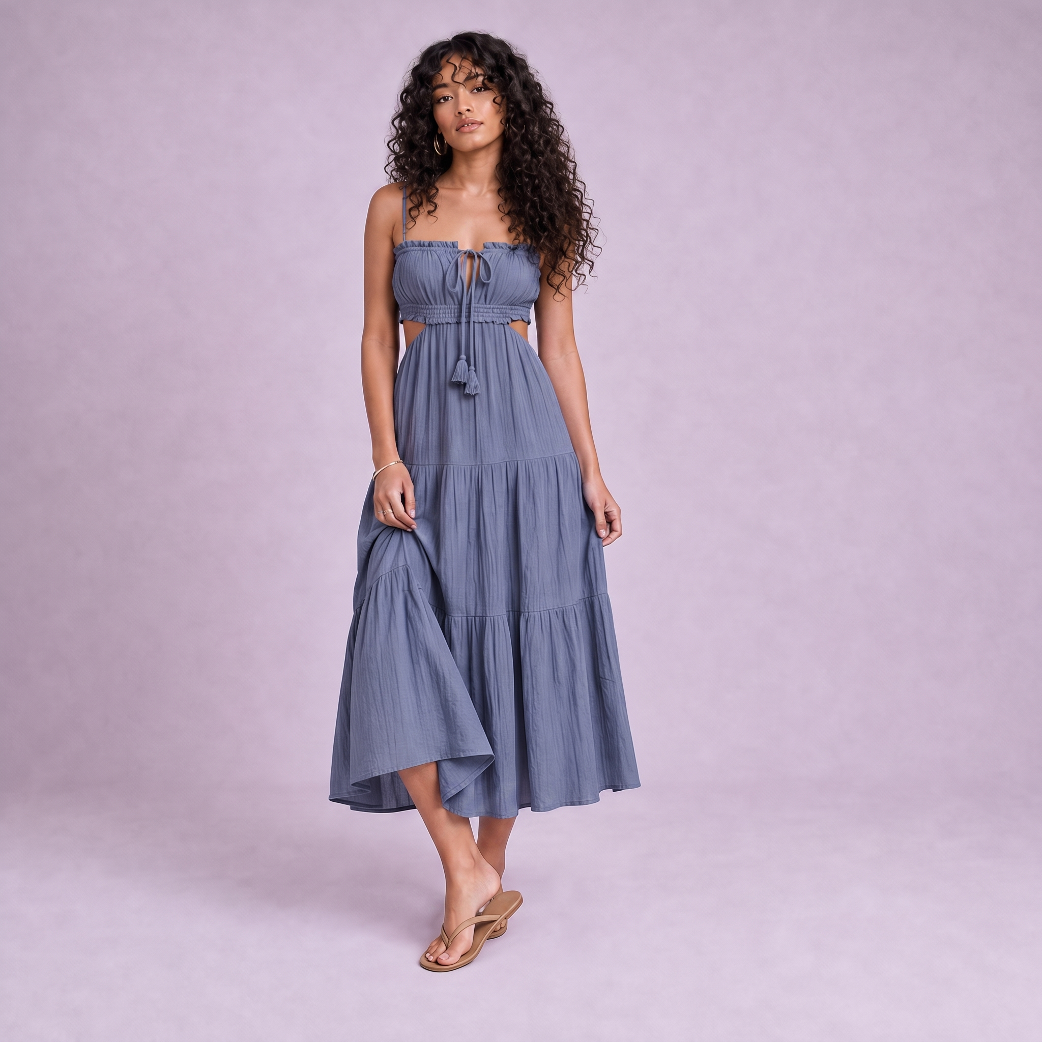 Linen Cut-Out Tiered Maxi Dress in Slate Periwinkle Blue - OEKO-TEX certified pure linen