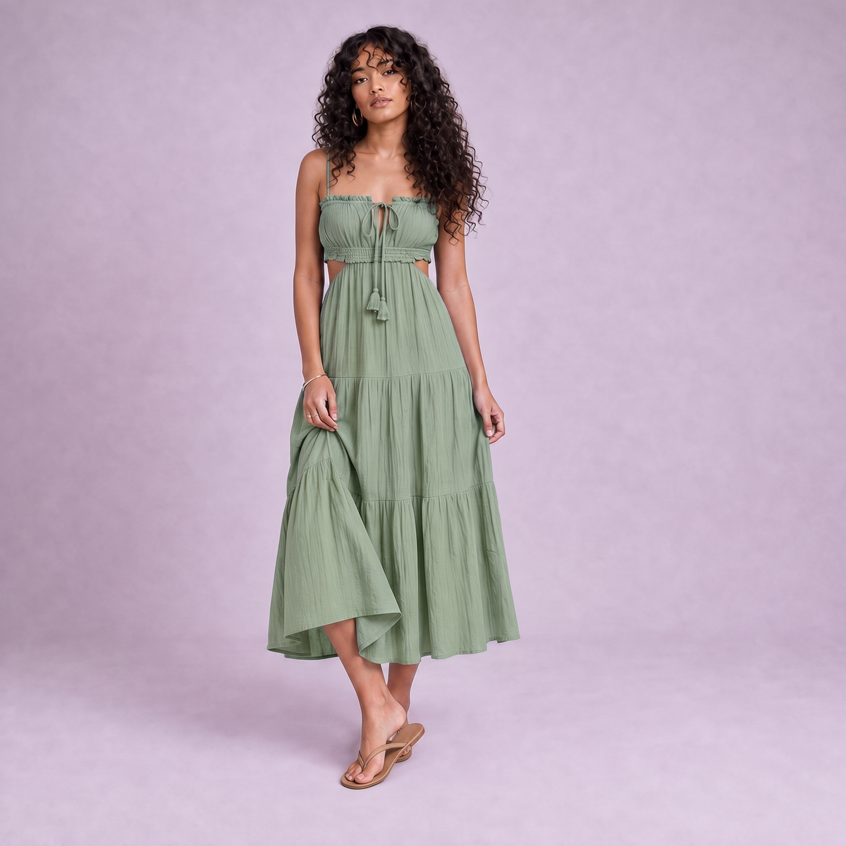 Linen Cut-Out Tiered Maxi Dress in Sage Green - OEKO-TEX certified pure linen