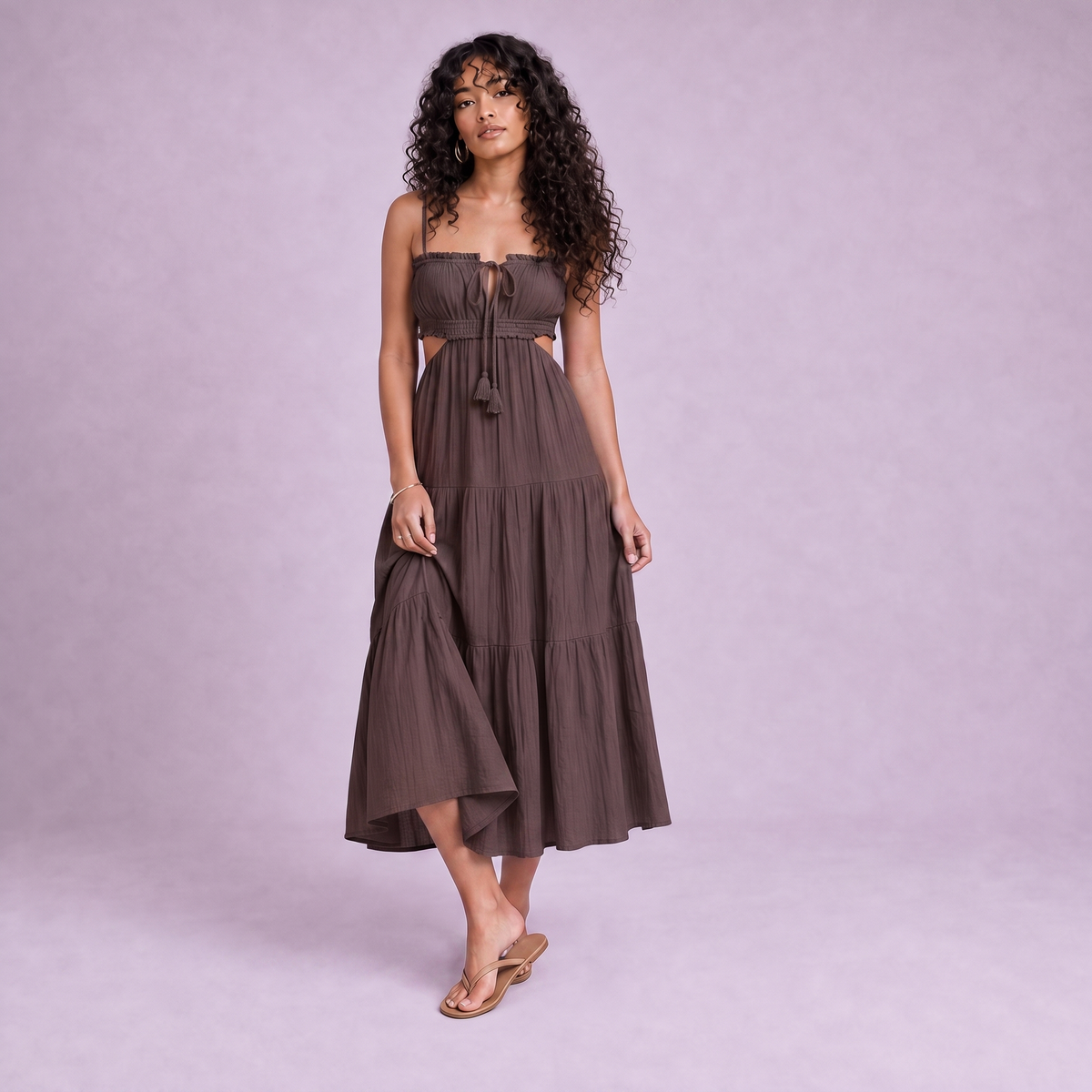 Linen Cut-Out Tiered Maxi Dress in Chocolate Brown - OEKO-TEX certified pure linen