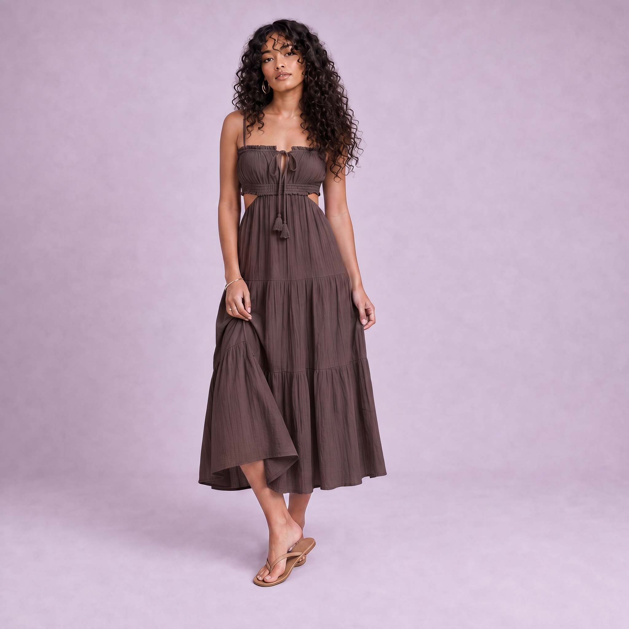 Linen Cut-Out Tiered Maxi Dress in Chocolate Brown - OEKO-TEX certified pure linen
