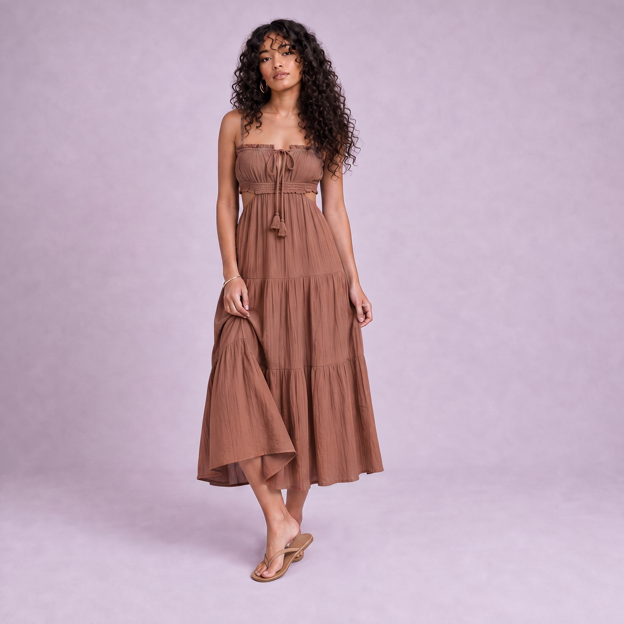 Linen Cut-Out Tiered Maxi Dress in Terracotta - OEKO-TEX certified pure linen