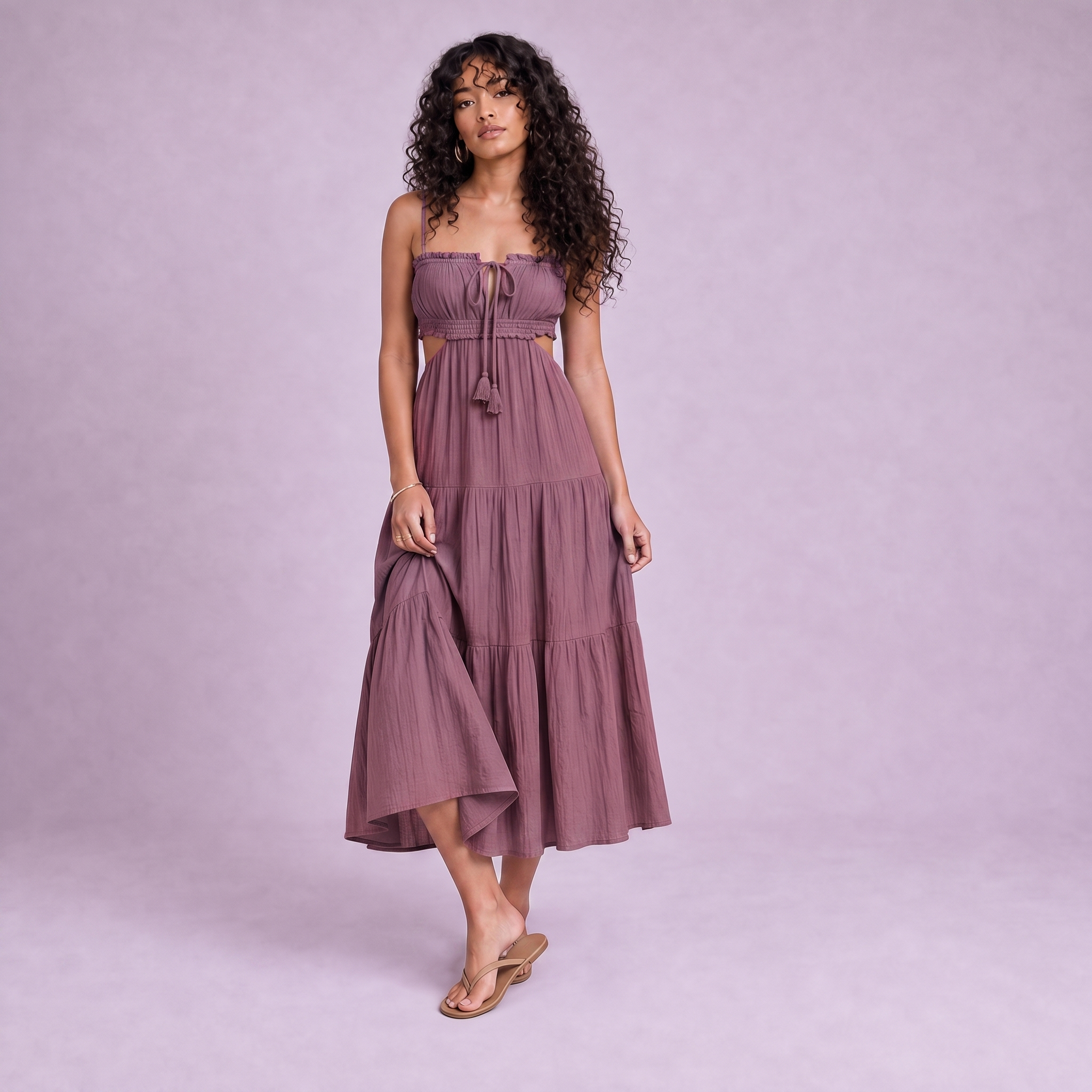 Linen Cut-Out Tiered Maxi Dress in Garnet - OEKO-TEX certified pure linen
