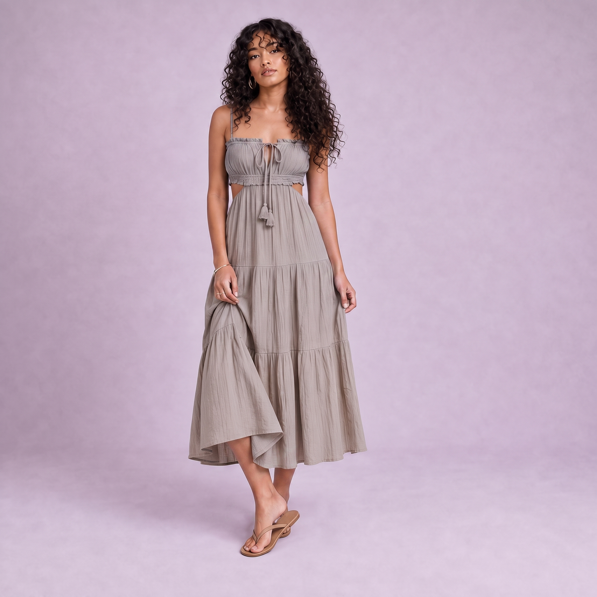 Linen Cut-Out Tiered Maxi Dress in Natural - OEKO-TEX certified pure linen