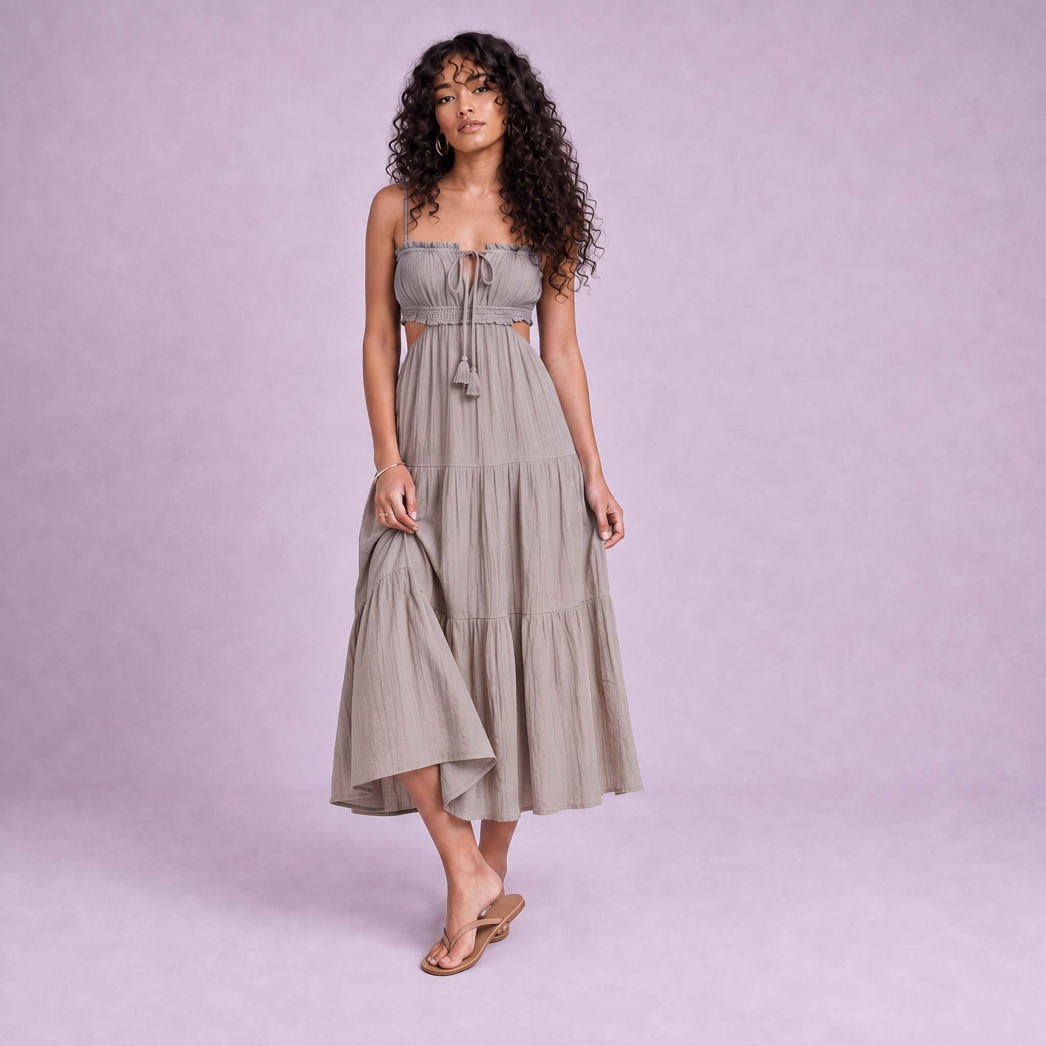 Linen Cut-Out Tiered Maxi Dress in Natural - OEKO-TEX certified pure linen